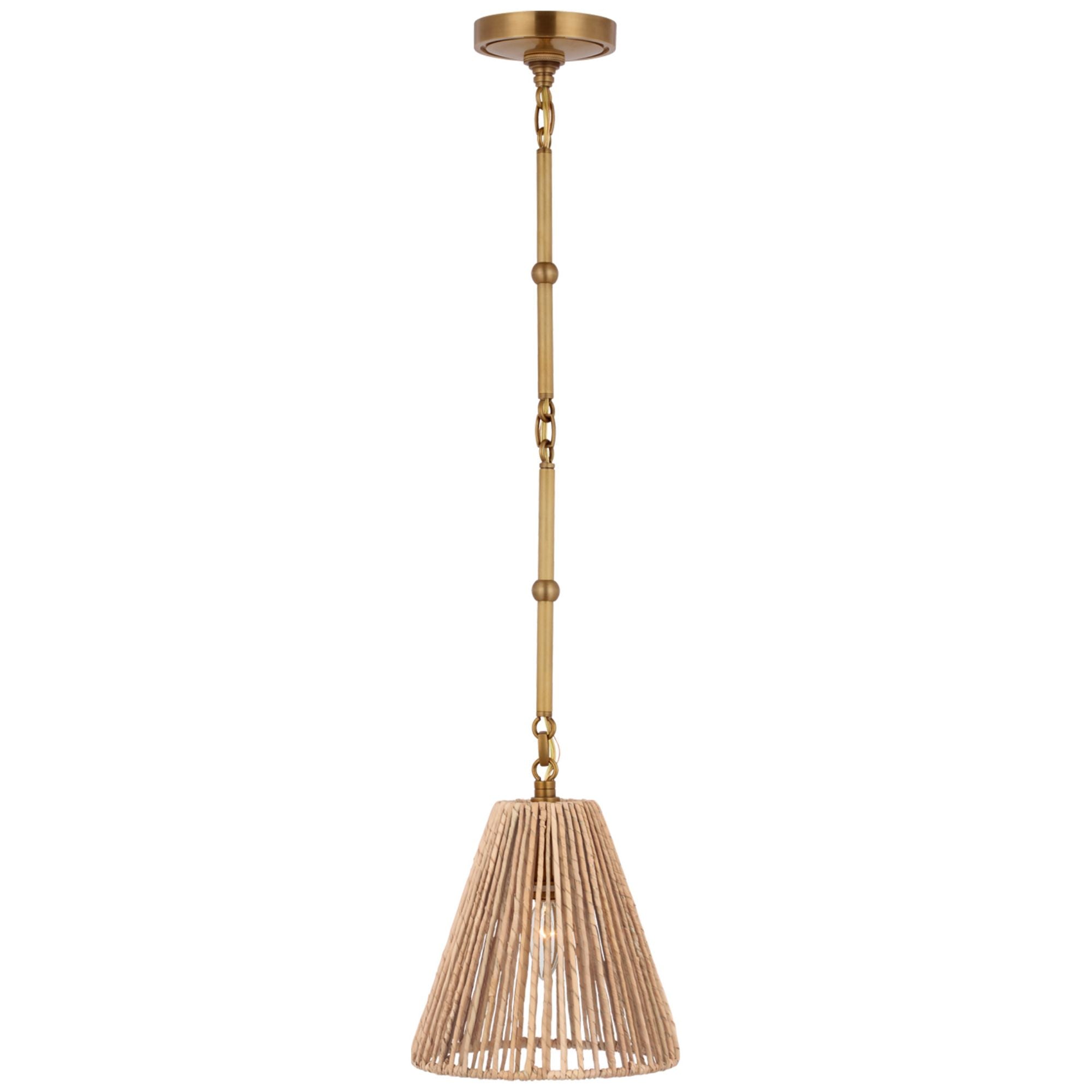 Thomas O'Brien Goodman Petite Hanging Shade in Hand-Rubbed Antique Brass with Natural Abaca Shade Ceiling Light W9.5"