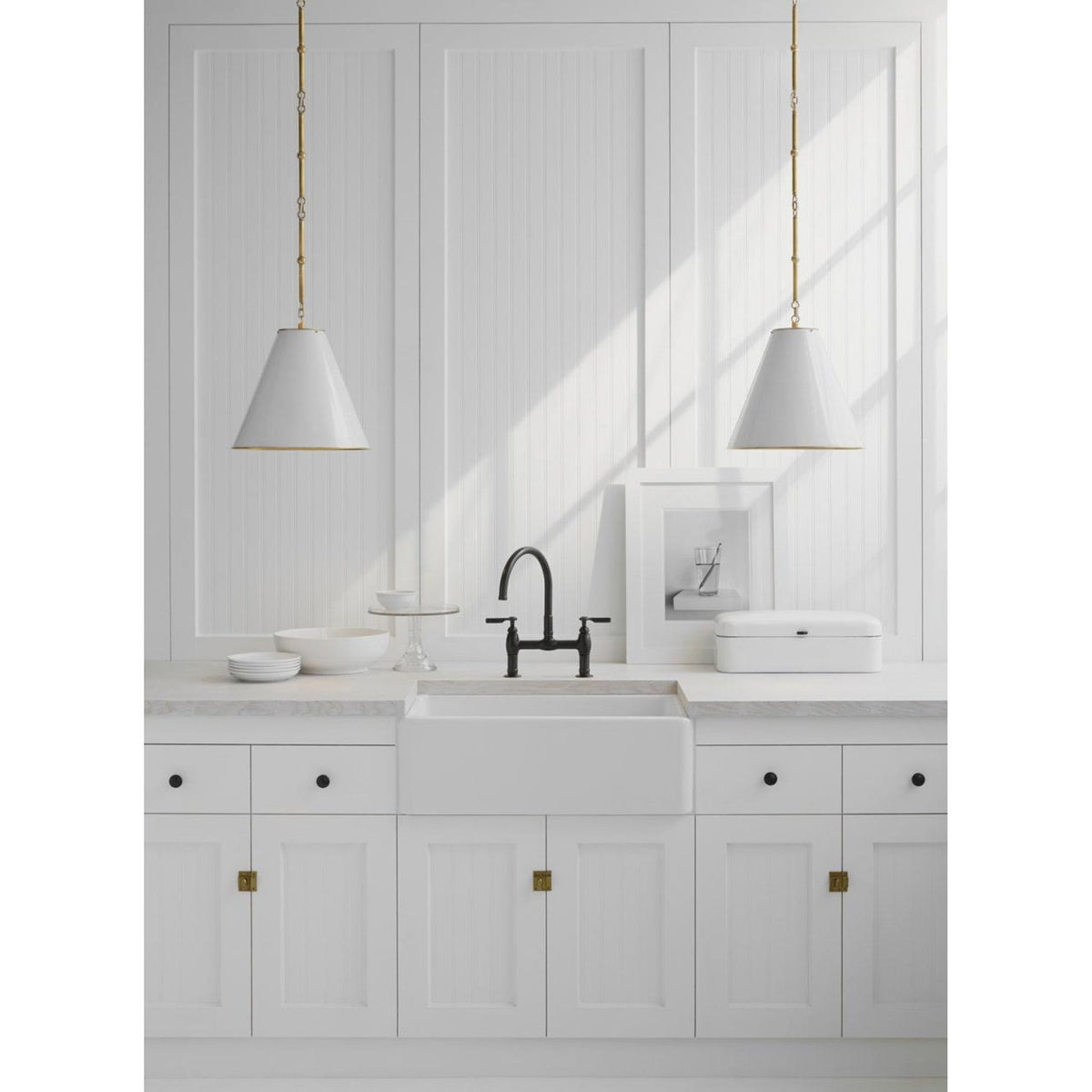 Thomas O'Brien Goodman Small Hanging Light in Hand-Rubbed Antique Brass with Antique White Shade W15"