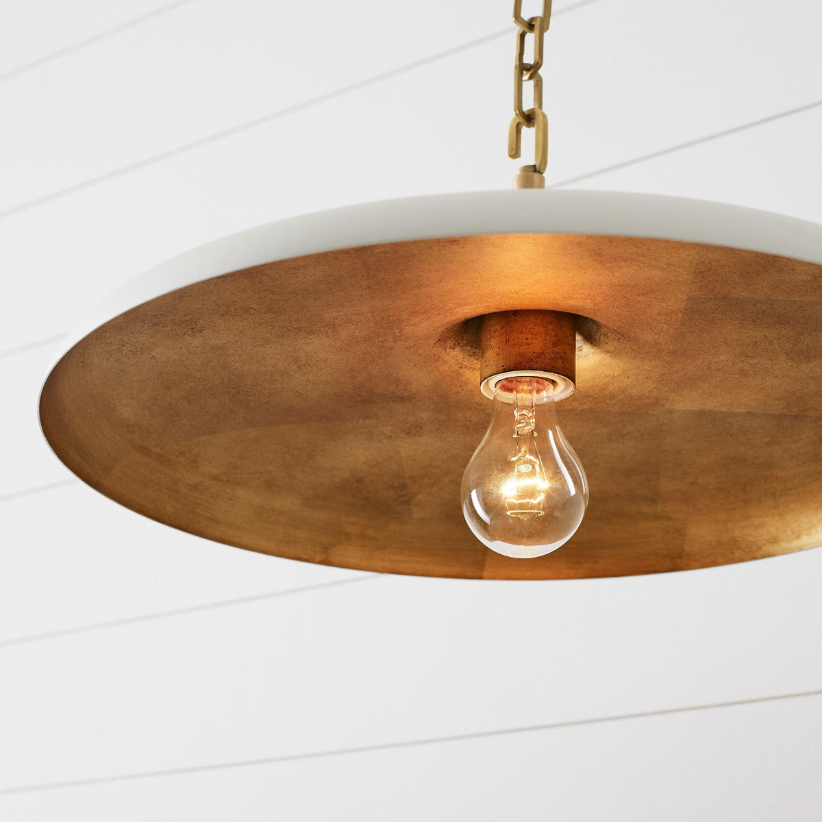 Thomas O'Brien Piatto Medium Pendant in Hand-Rubbed Antique Brass with Plaster White Shade W18" x H6.75"