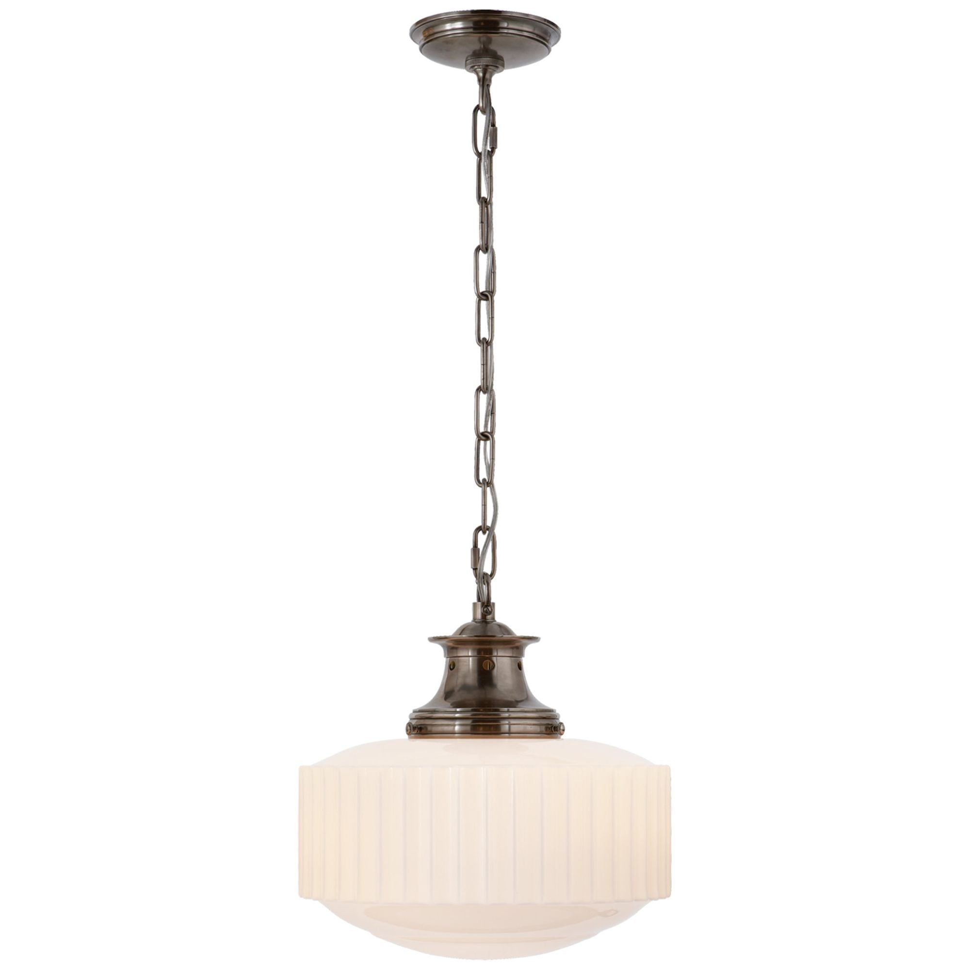 Thomas O'Brien Milton Road Pendant in Antique Nickel with White Glass Ceiling Light W14" x H14.75"