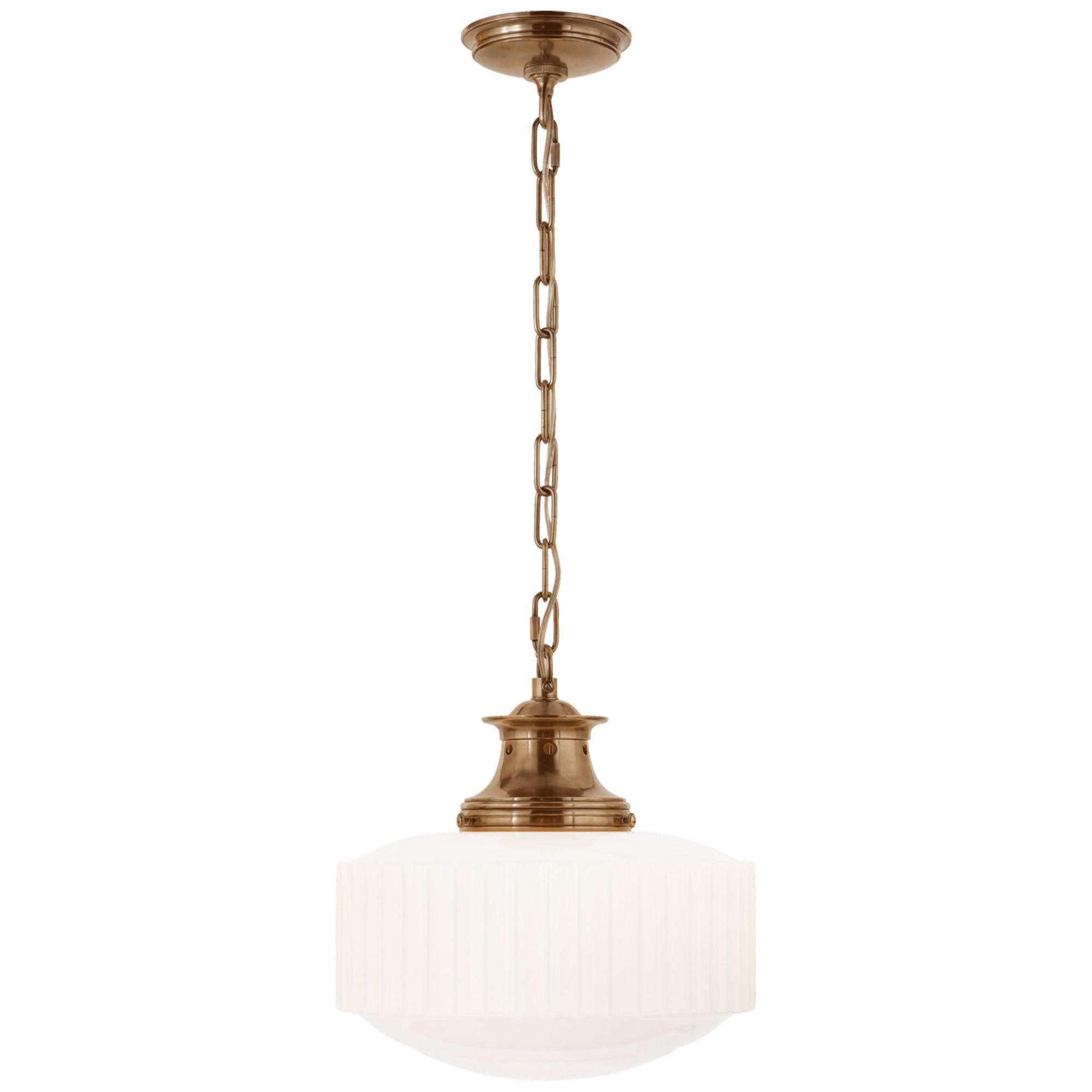 Thomas O'Brien Milton Road Pendant in Hand-Rubbed Antique Brass with White Glass Ceiling Light W14" x H14.75"