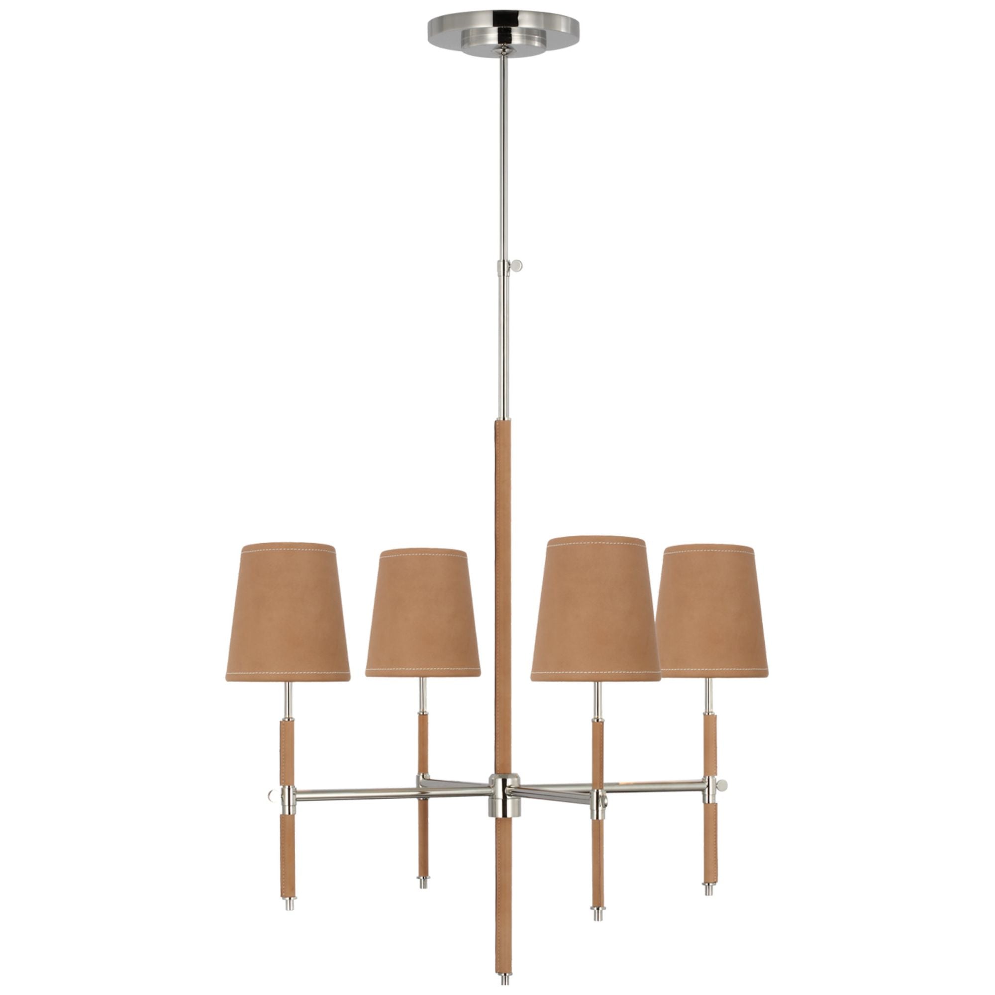 Thomas O'Brien Bryant Small Wrapped Chandelier in Polished Nickel and Natural Leather with Natural Leather Shade Ceiling Light W26"