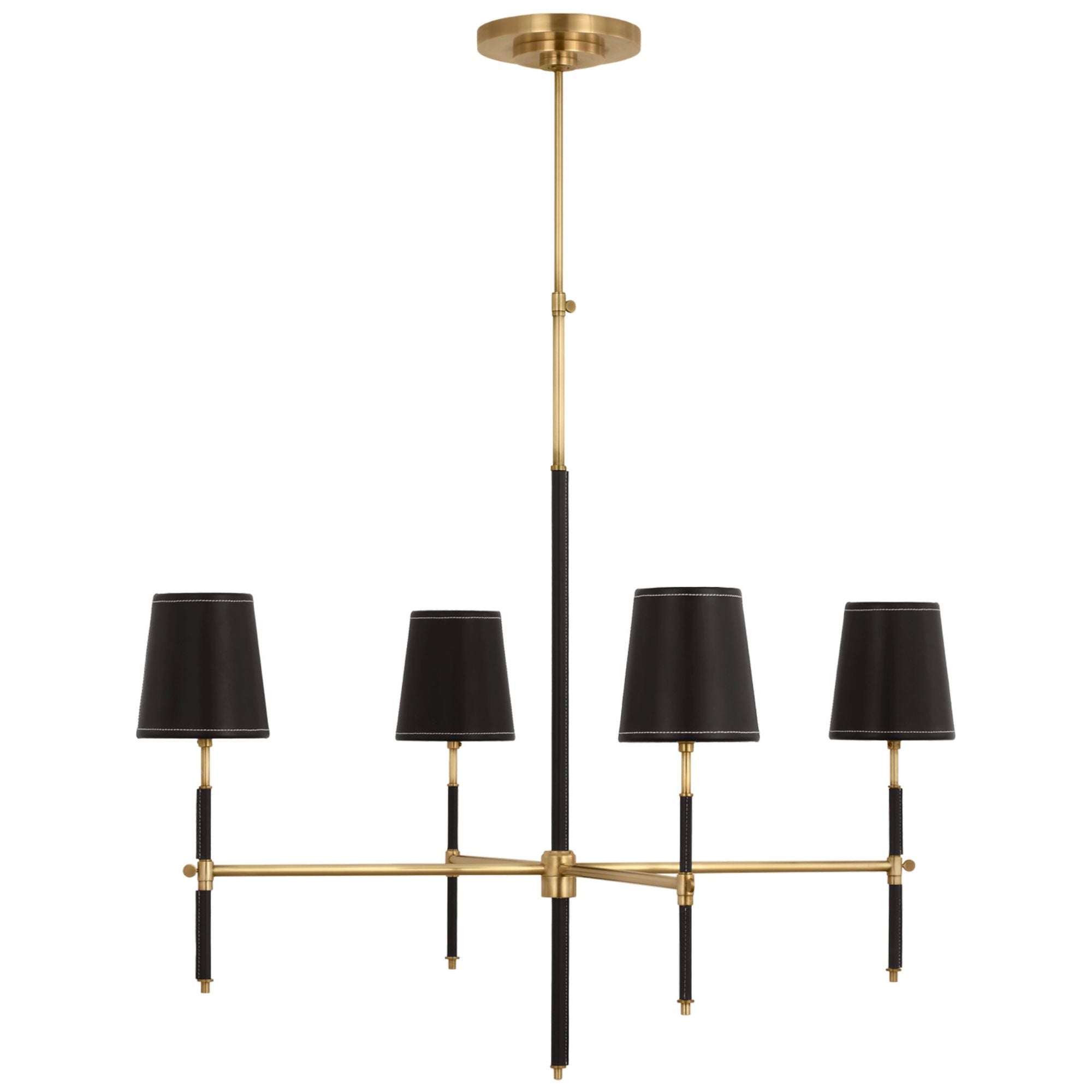 Thomas O'Brien Bryant Large Wrapped Chandelier in Hand-Rubbed Antique Brass and Chocolate Leather with Chocolate Leather Shade Ceiling Light W36"