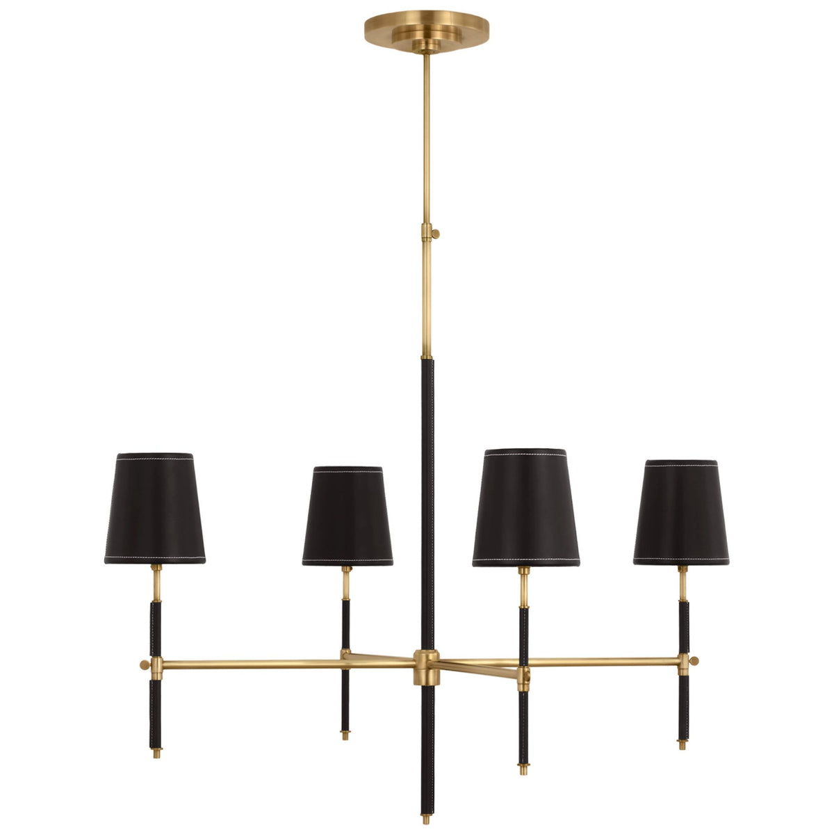 Thomas O'Brien Bryant Large Wrapped Chandelier in Hand-Rubbed Antique Brass and Chocolate Leather with Chocolate Leather Shade W36"
