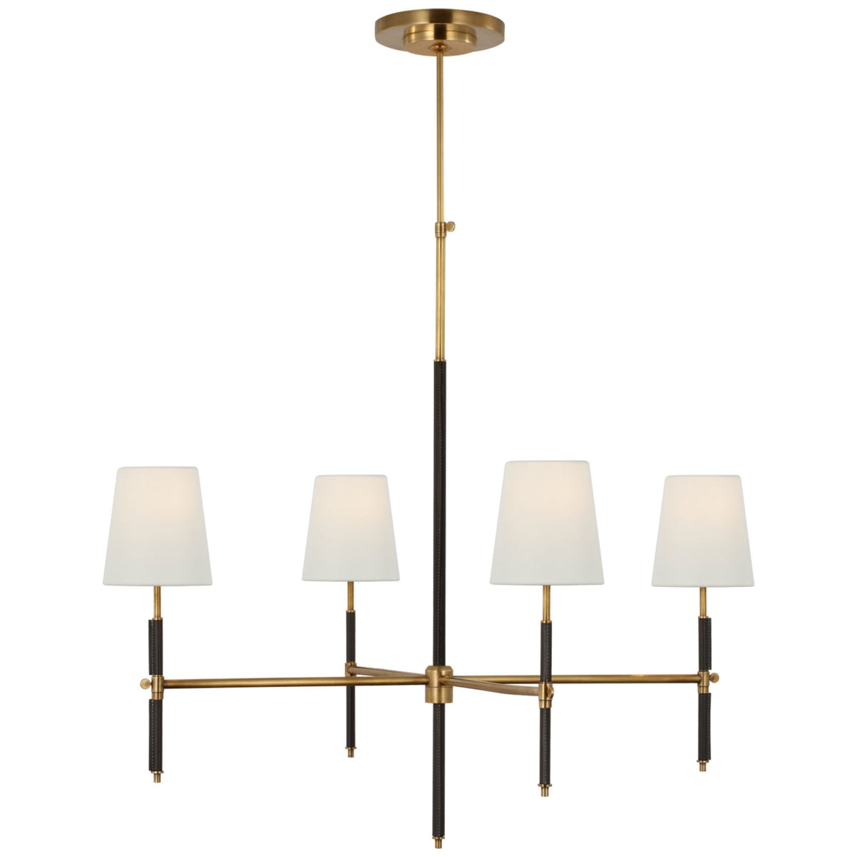Thomas O'Brien Bryant Large Wrapped Chandelier in Hand-Rubbed Antique Brass and Chocolate Leather with Linen Shades W36"