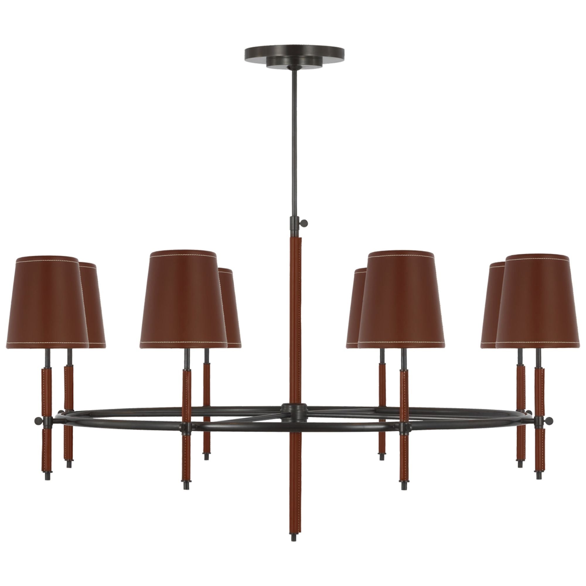 Thomas O'Brien Bryant Wrapped Ring Chandelier in Bronze and Saddle Leather with Saddle Leather Shade Ceiling Light W41"
