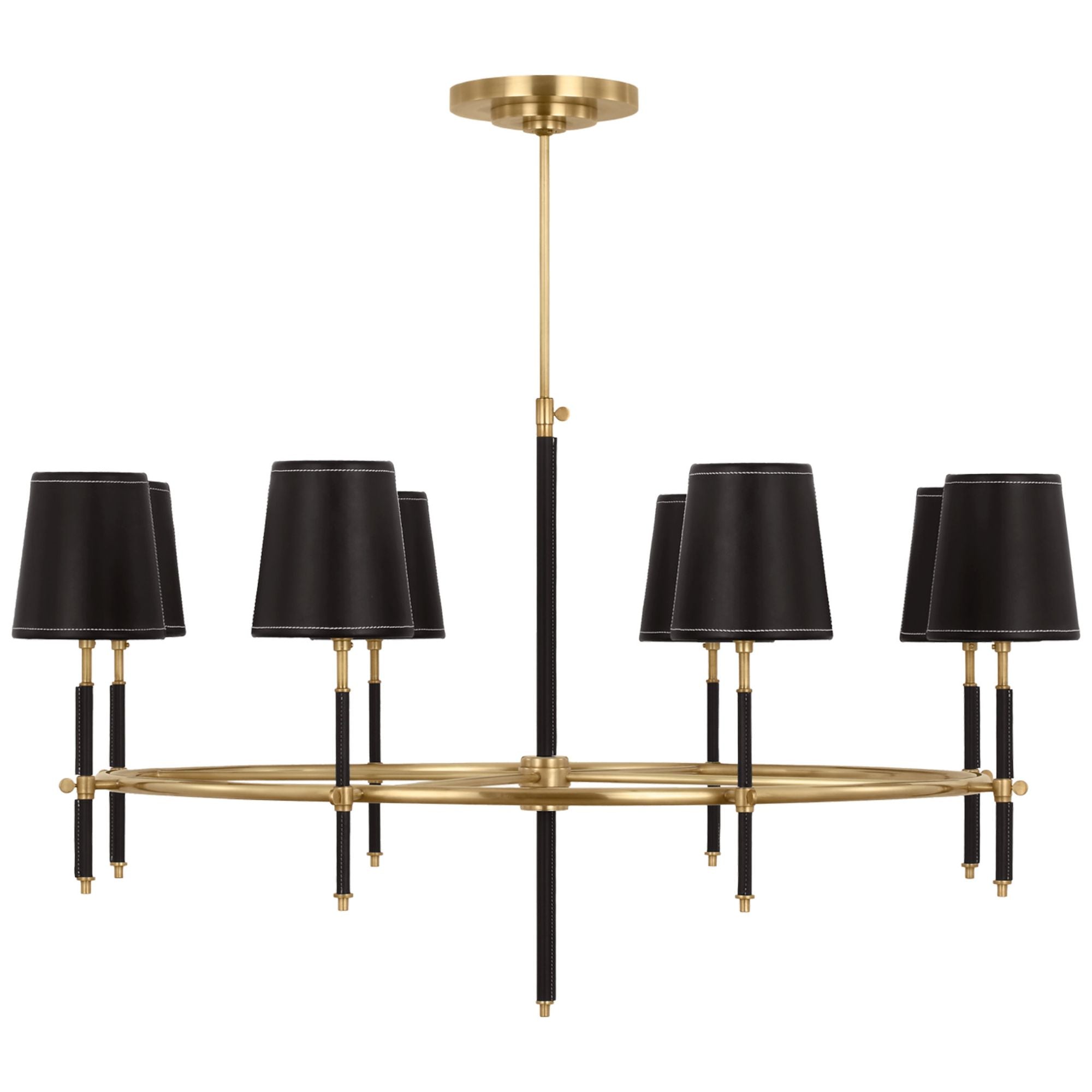 Thomas O'Brien Bryant Wrapped Ring Chandelier in Hand-Rubbed Antique Brass and Chocolate Leather with Chocolate Leather Shade Ceiling Light W41"