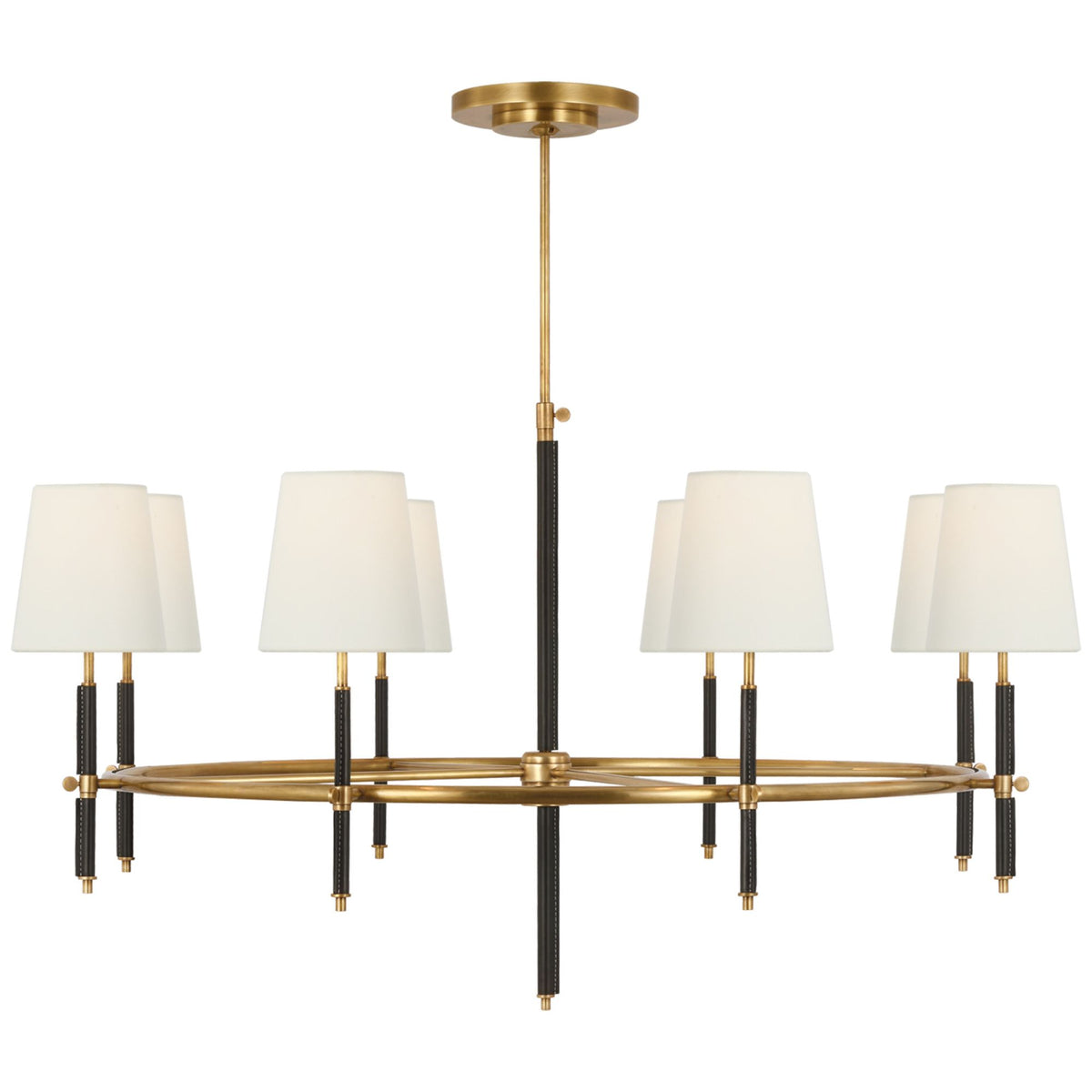 Thomas O'Brien Bryant Wrapped Ring Chandelier in Hand-Rubbed Antique Brass and Chocolate Leather with Linen Shades W41"
