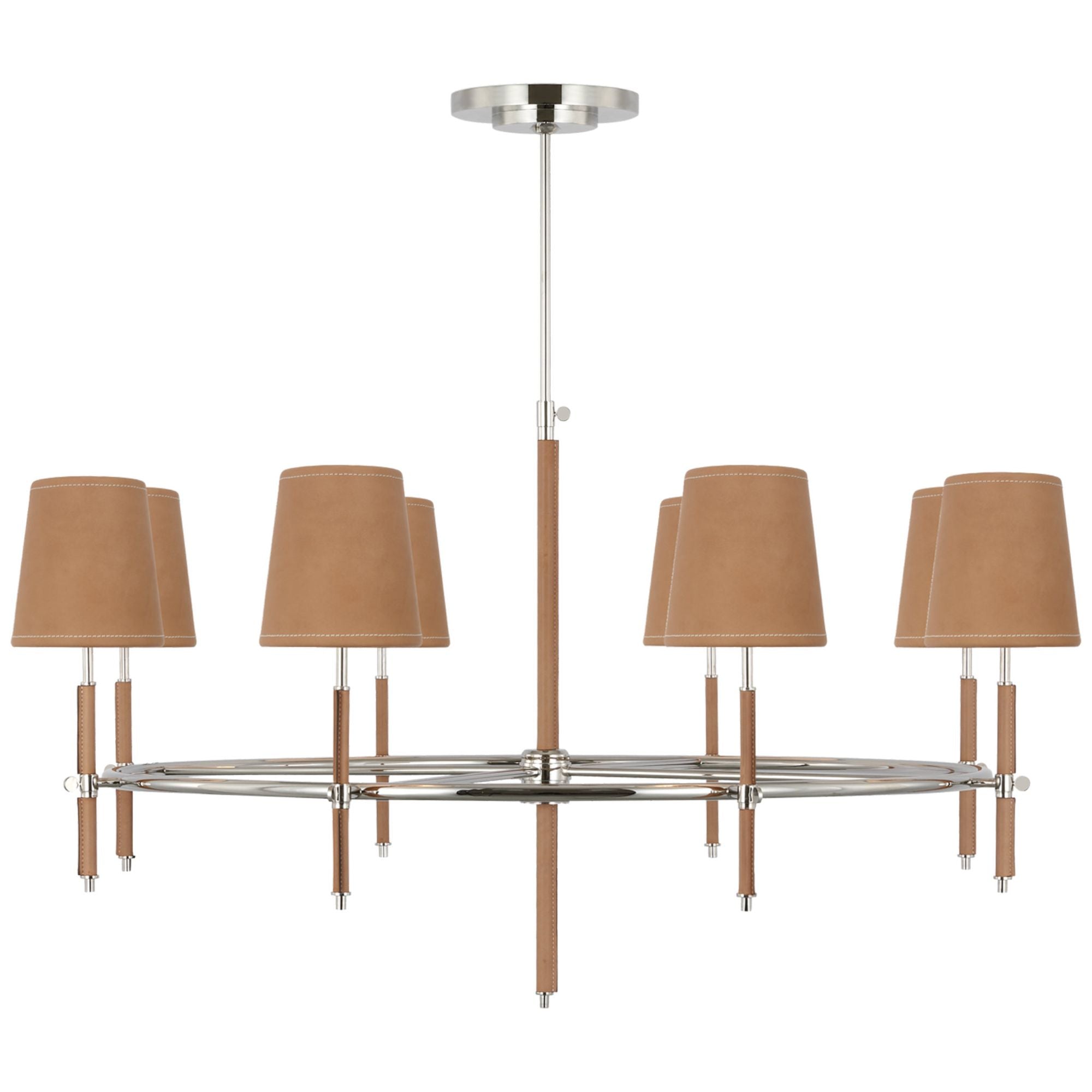Thomas O'Brien Bryant Wrapped Ring Chandelier in Polished Nickel and Natural Leather with Natural Leather Shade Ceiling Light W41"