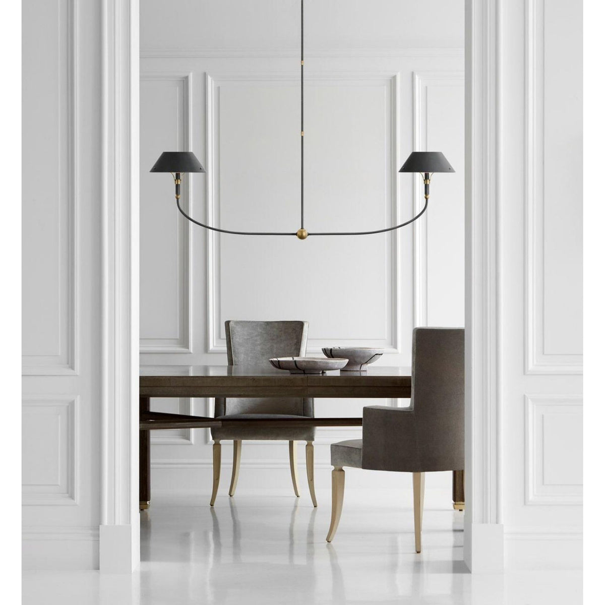 Thomas O'Brien Turlington XL Linear Chandelier in Bronze and Hand-Rubbed Antique Brass with Bronze Shade W12.5" x 68"