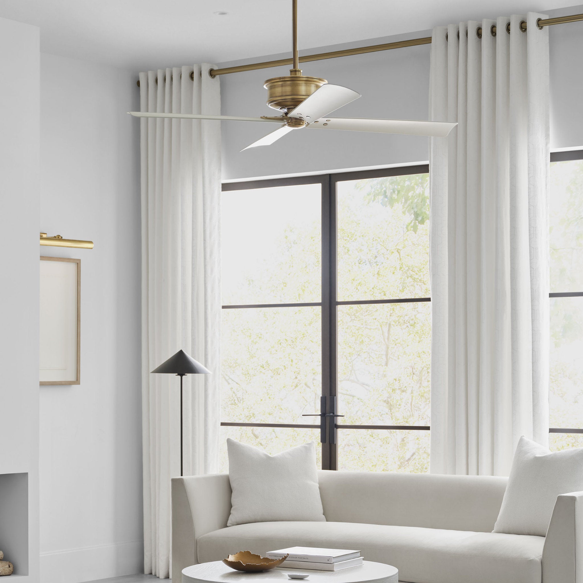 Chapman & Myers Subway 56" Ceiling Fan in Hand Rubbed Antique Brass w/ Matte White Blade D:56'' H:16 3/32''