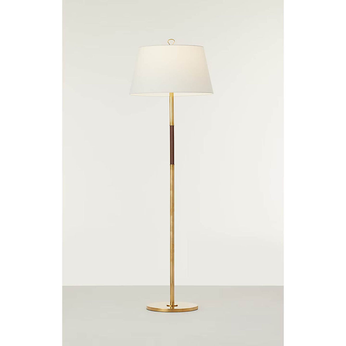 Amber Lewis Griffin Large Floor Lamp in Hand-Rubbed Antique Brass and Saddle Leather with Linen Shade W19.5" x H62.5"