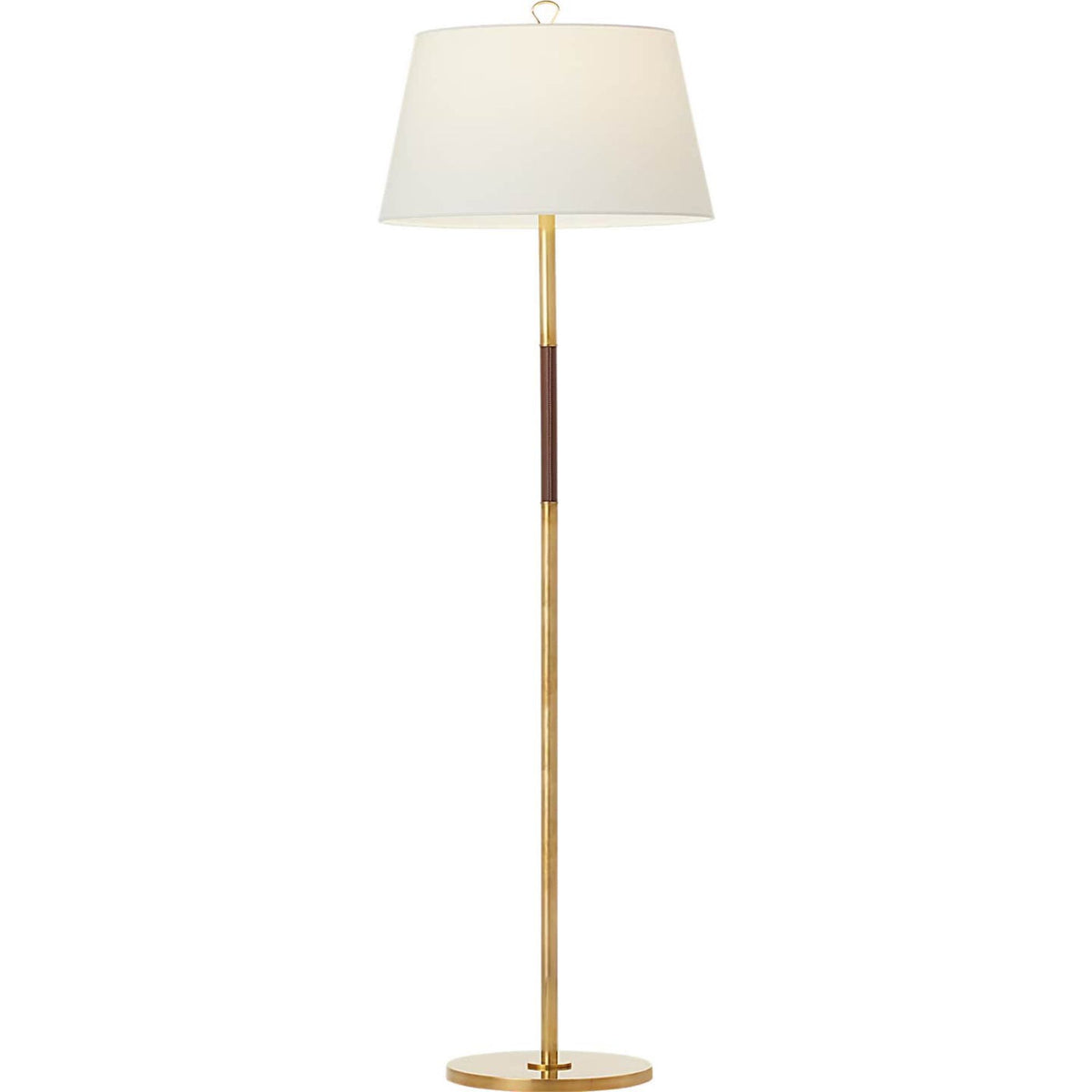 Amber Lewis Griffin Large Floor Lamp in Hand-Rubbed Antique Brass and Saddle Leather with Linen Shade W19.5" x H62.5"
