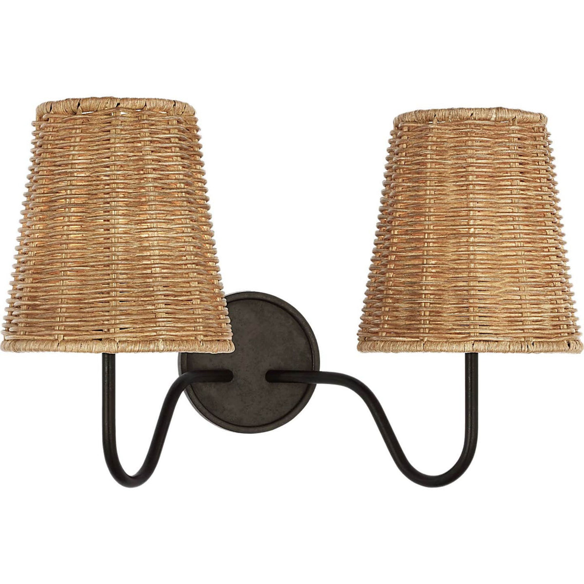 Amber Lewis Lyndsie 11" Double Sconce in Aged Iron with Natural Wicker Shades W16" x H10.75" x E9.5"