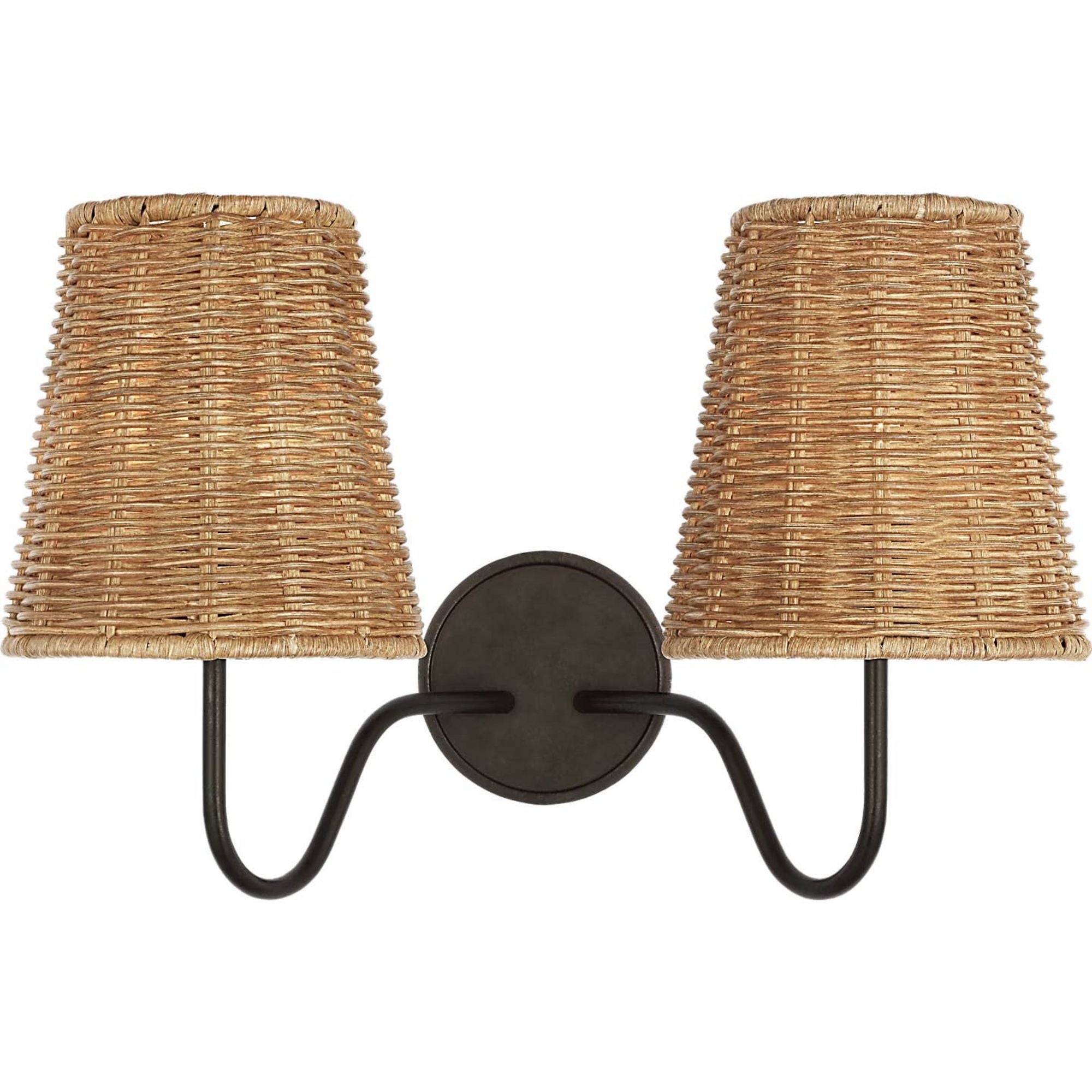 Amber Lewis Lyndsie 11" Double Sconce in Aged Iron with Natural Wicker Shades W16" x H10.75" x E9.5"