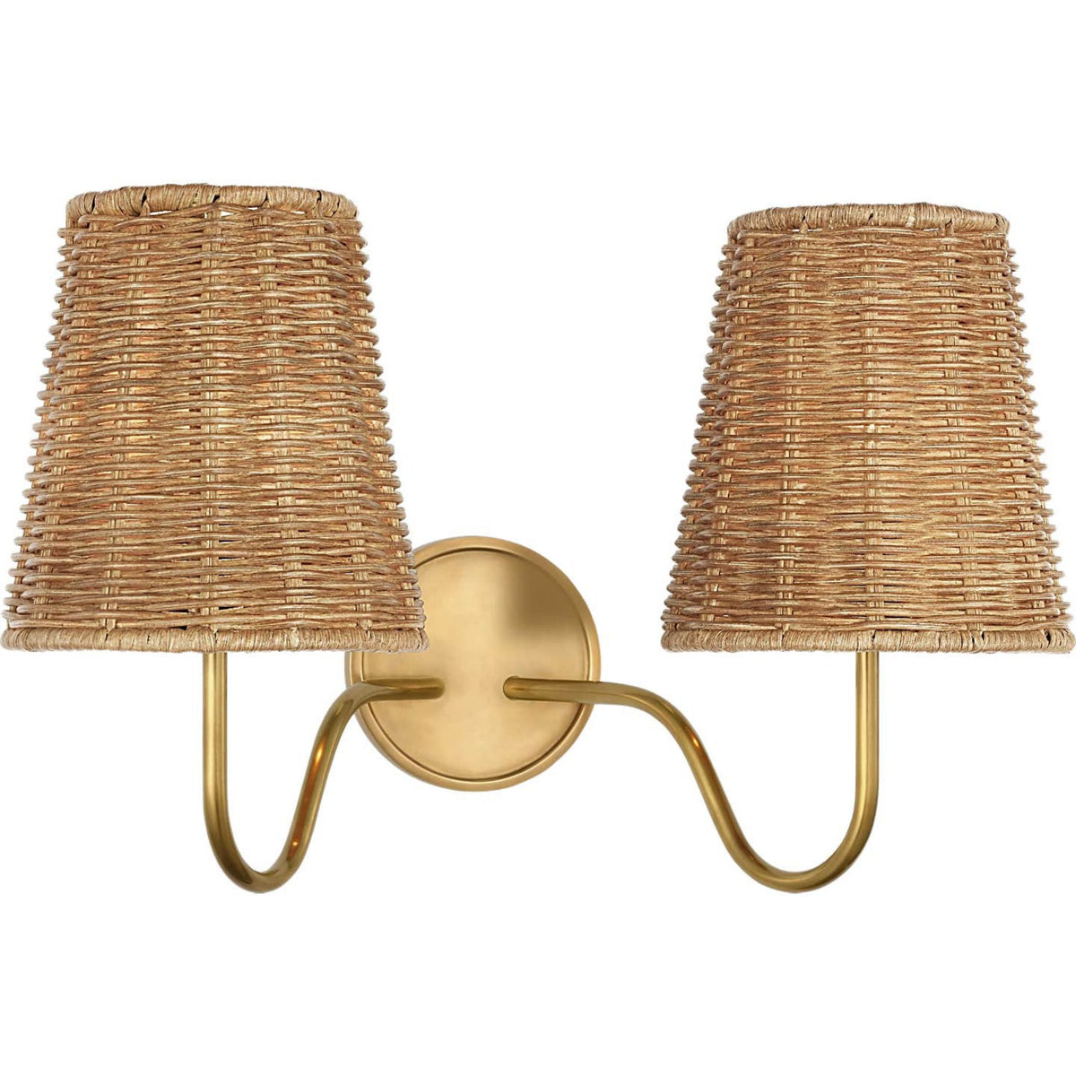 Amber Lewis Lyndsie 11" Double Sconce in Hand-Rubbed Antique Brass with Natural Wicker Shades W16" x H10.75" x E9.5"