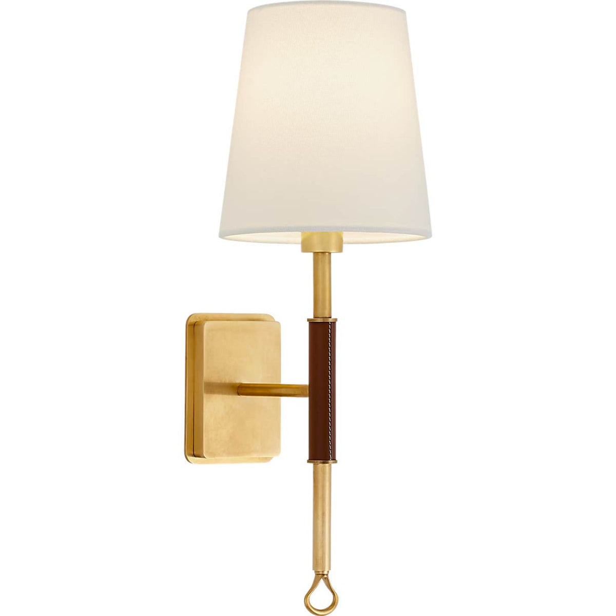 Amber Lewis Griffin Sconce in Hand-Rubbed Antique Brass and Saddle Leather with Linen Shade W5.75" x H15.75" x E7.25"