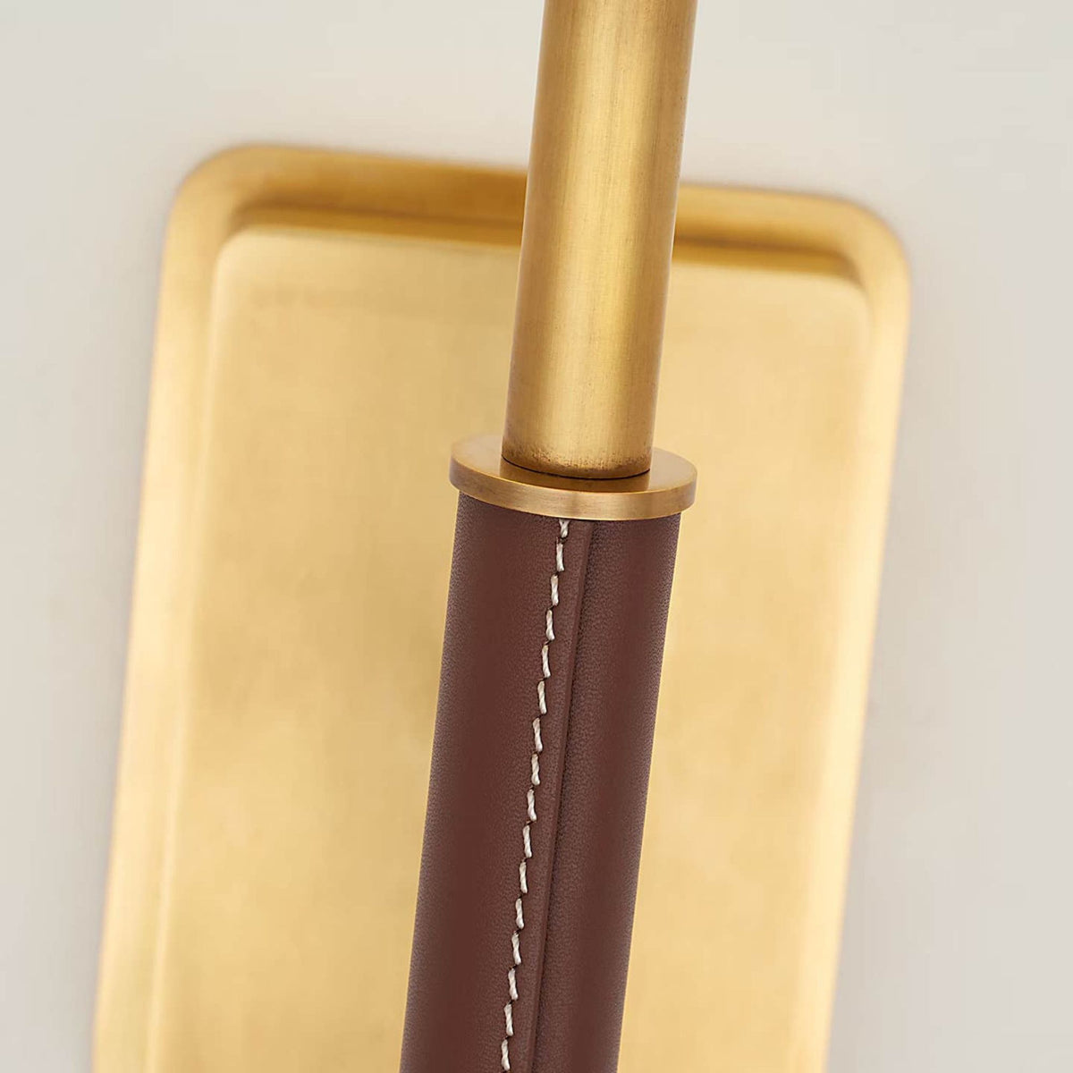 Amber Lewis Griffin Sconce in Hand-Rubbed Antique Brass and Saddle Leather with Linen Shade W5.75" x H15.75" x E7.25"