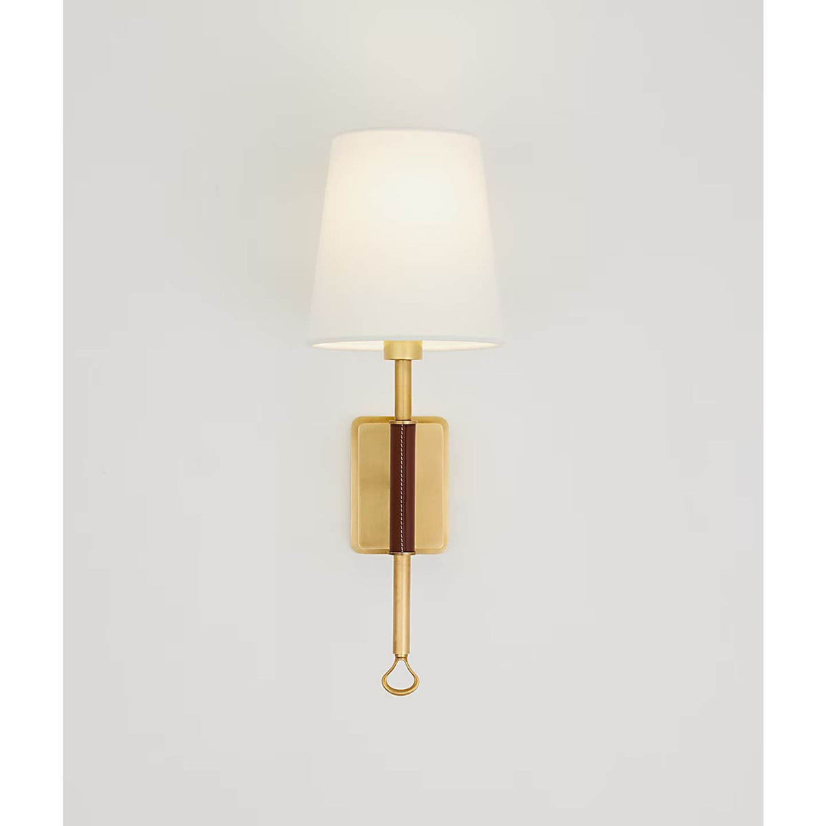 Amber Lewis Griffin Sconce in Hand-Rubbed Antique Brass and Saddle Leather with Linen Shade W5.75" x H15.75" x E7.25"