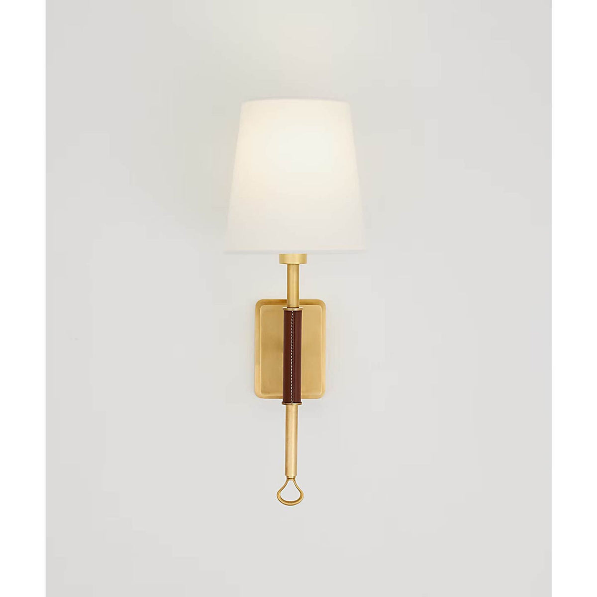 Amber Lewis Griffin Sconce in Hand-Rubbed Antique Brass and Saddle Leather with Linen Shade W5.75" x H15.75" x E7.25"