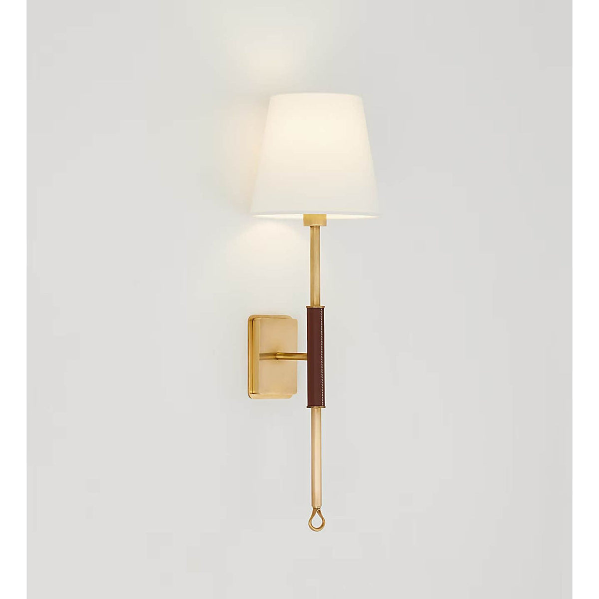 Amber Lewis Griffin Tail Sconce in Hand-Rubbed Antique Brass and Saddle Leather with Linen Shade W6.5" x H21" x E6.5"