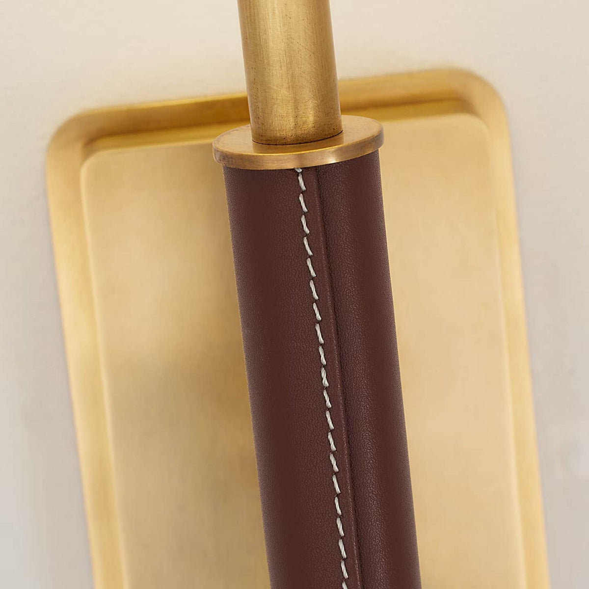 Amber Lewis Griffin Tail Sconce in Hand-Rubbed Antique Brass and Saddle Leather with Linen Shade W6.5" x H21" x E6.5"