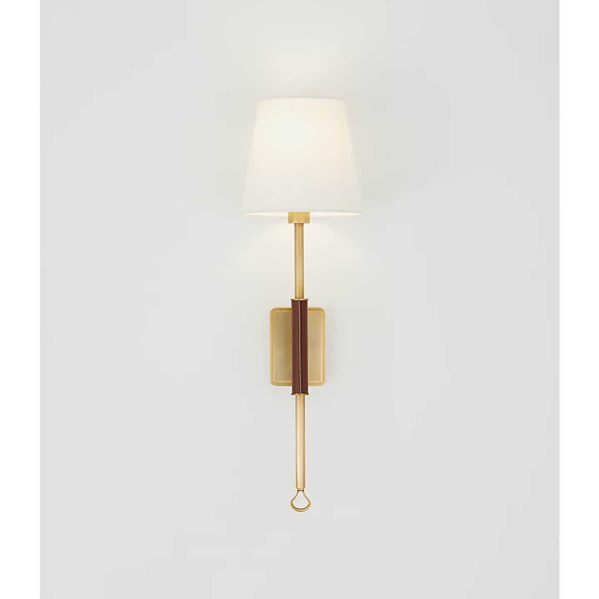 Amber Lewis Griffin Tail Sconce in Hand-Rubbed Antique Brass and Saddle Leather with Linen Shade W6.5" x H21" x E6.5"
