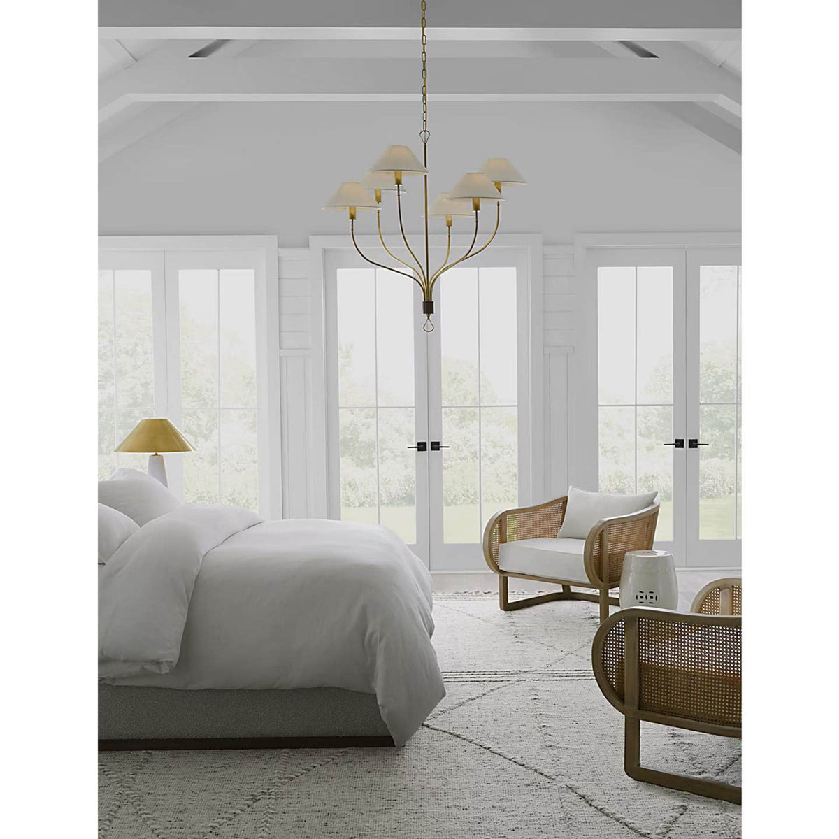 Amber Lewis Griffin Large Staggered Tail Chandelier in Hand-Rubbed Antique Brass and Saddle Leather with Linen Shades W36.5" x H35.5"