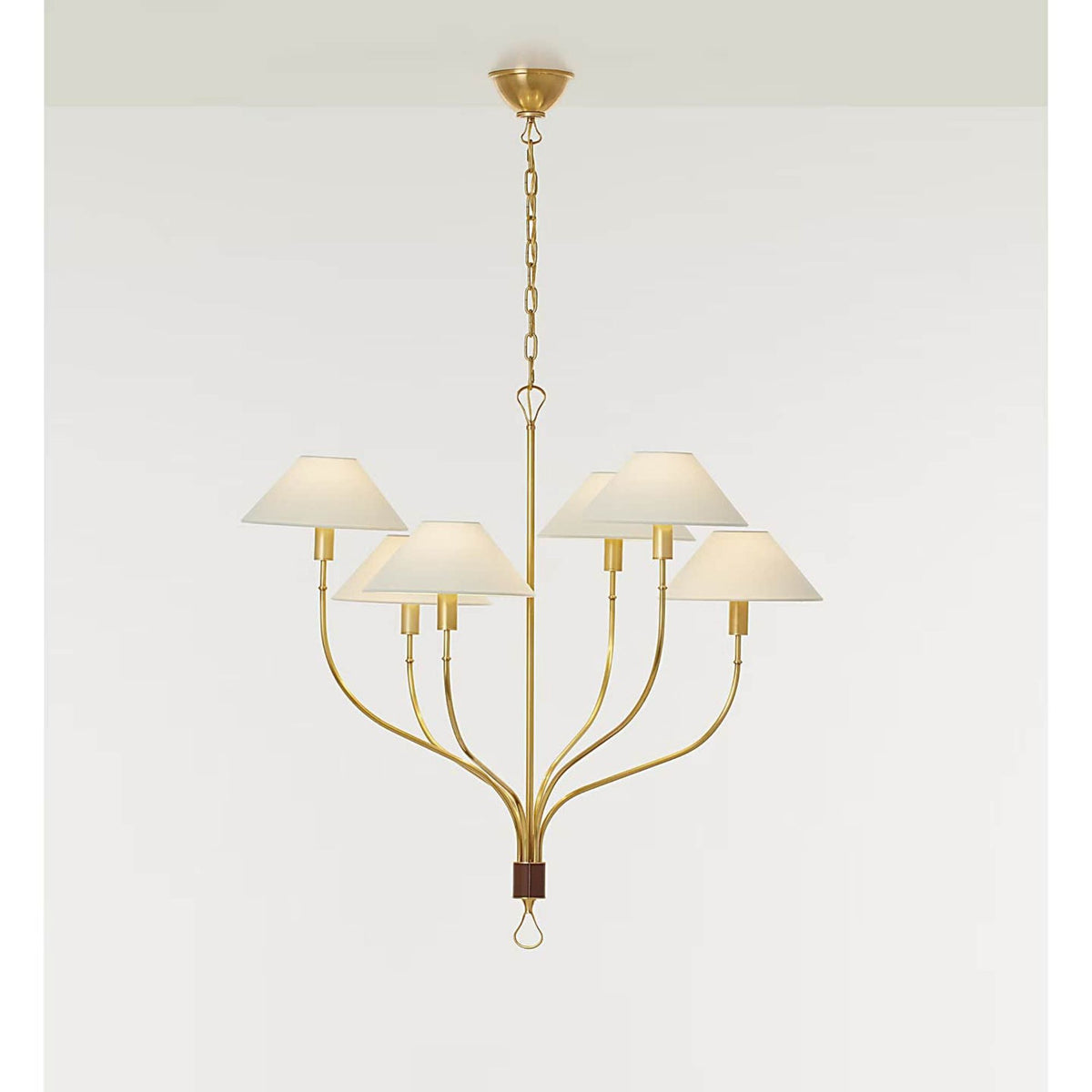 Amber Lewis Griffin Large Staggered Tail Chandelier in Hand-Rubbed Antique Brass and Saddle Leather with Linen Shades W36.5" x H35.5"