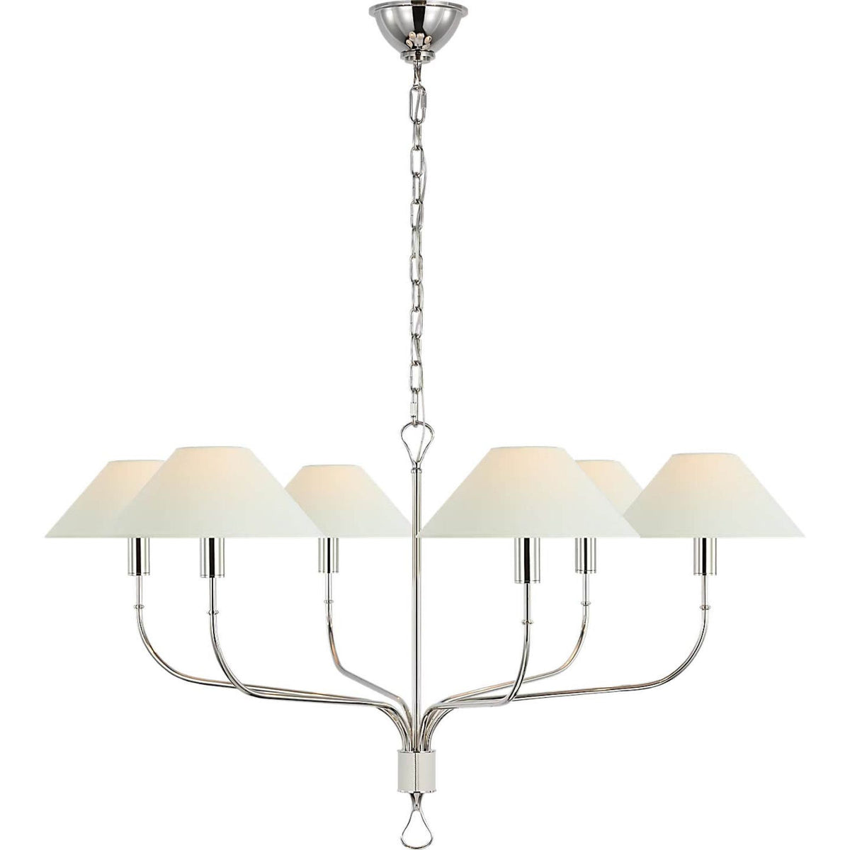 Amber Lewis Griffin Extra Large Tail Chandelier in Polished Nickel and Parchment Leather with Linen Shades W42" x H23.5"