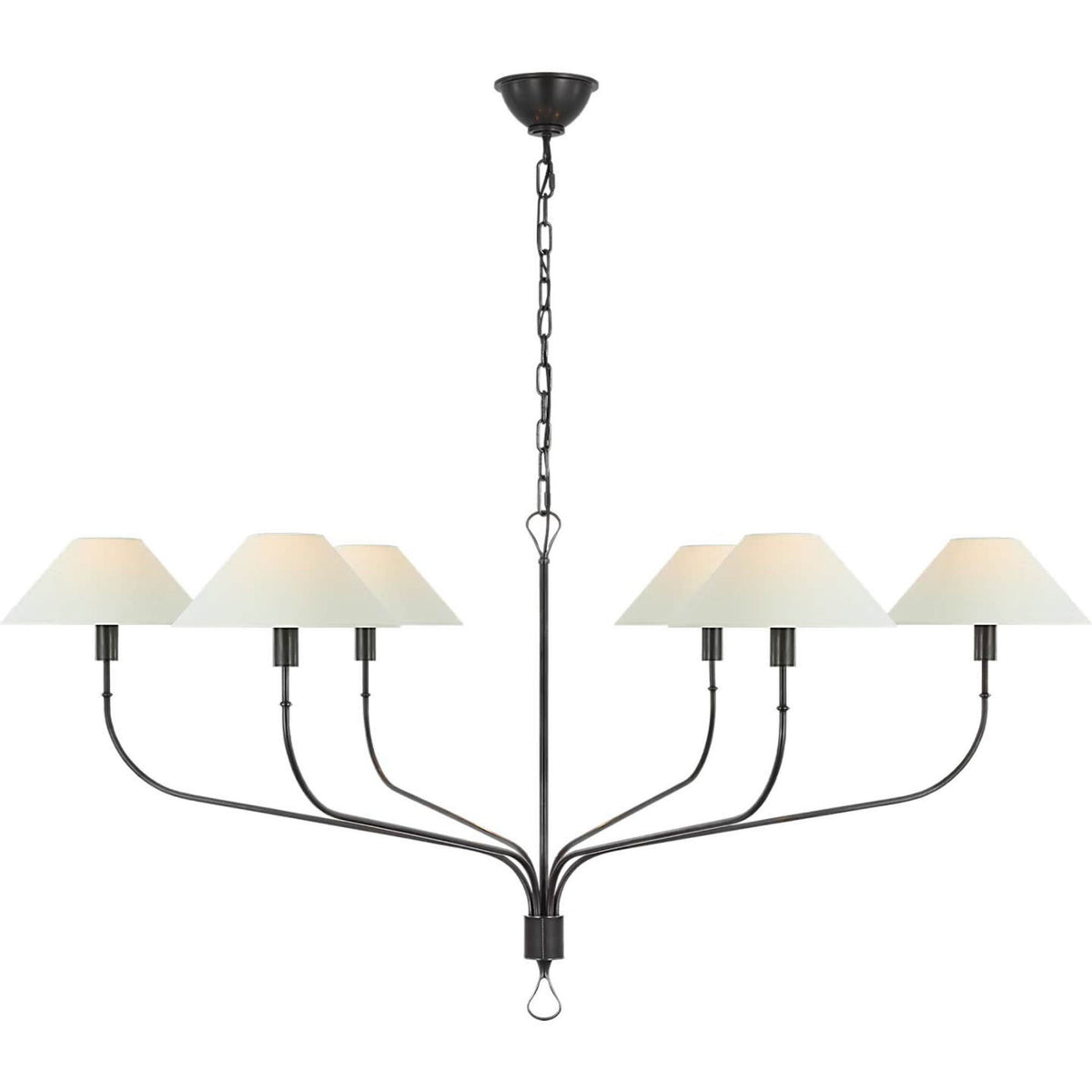 Amber Lewis Griffin Extra Large Tail Chandelier in Bronze and Chocolate Leather with Linen Shades W42" x H23.5"