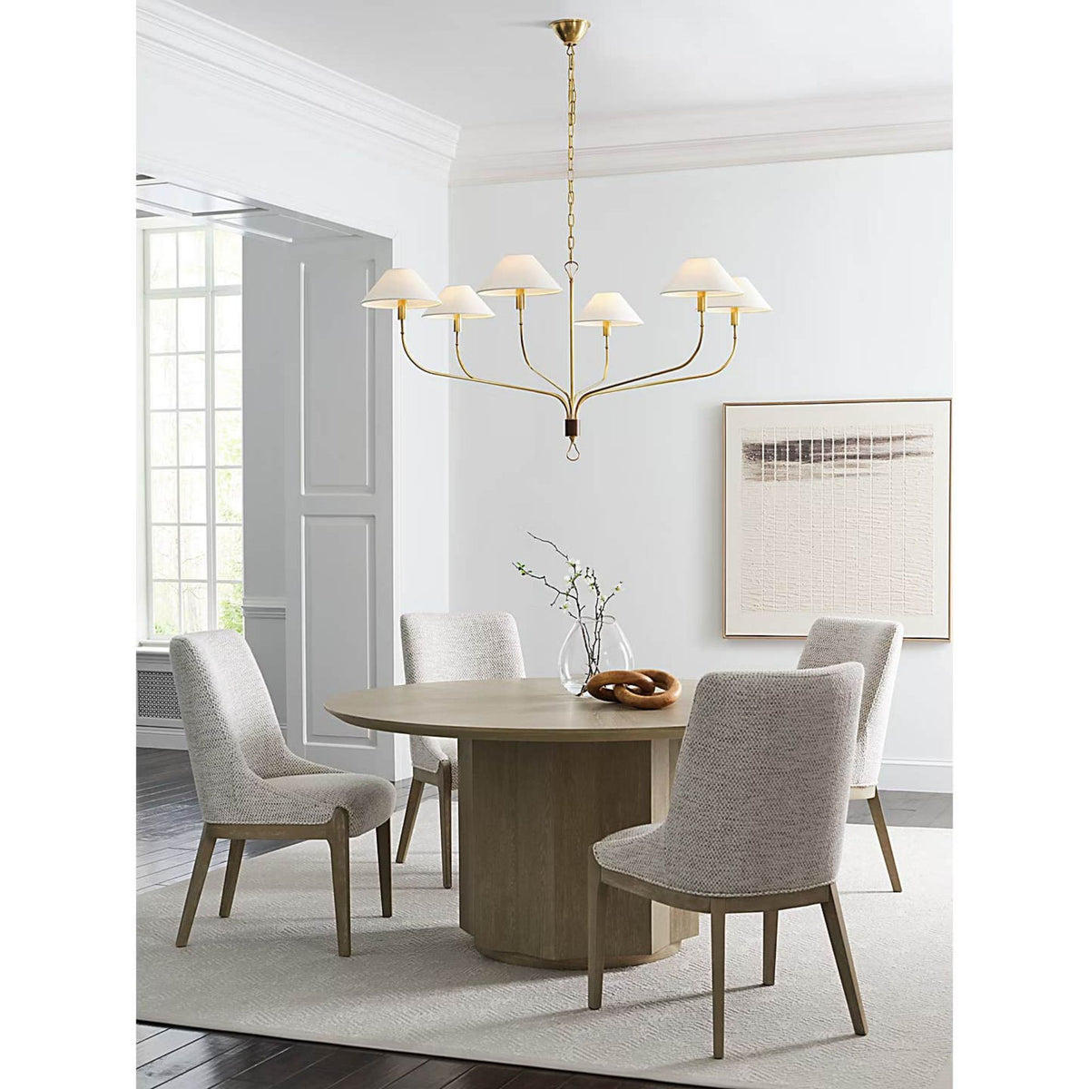 Amber Lewis Griffin Grande Tail Chandelier in Hand-Rubbed Antique Brass and Saddle Leather with Linen Shades W56" x H26.5"