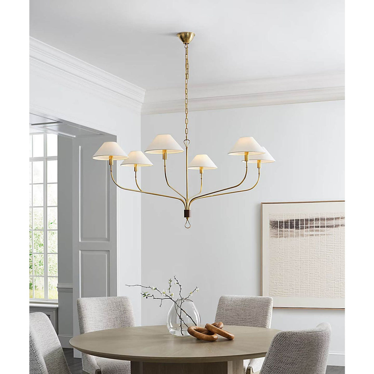 Amber Lewis Griffin Grande Tail Chandelier in Hand-Rubbed Antique Brass and Saddle Leather with Linen Shades W56" x H26.5"