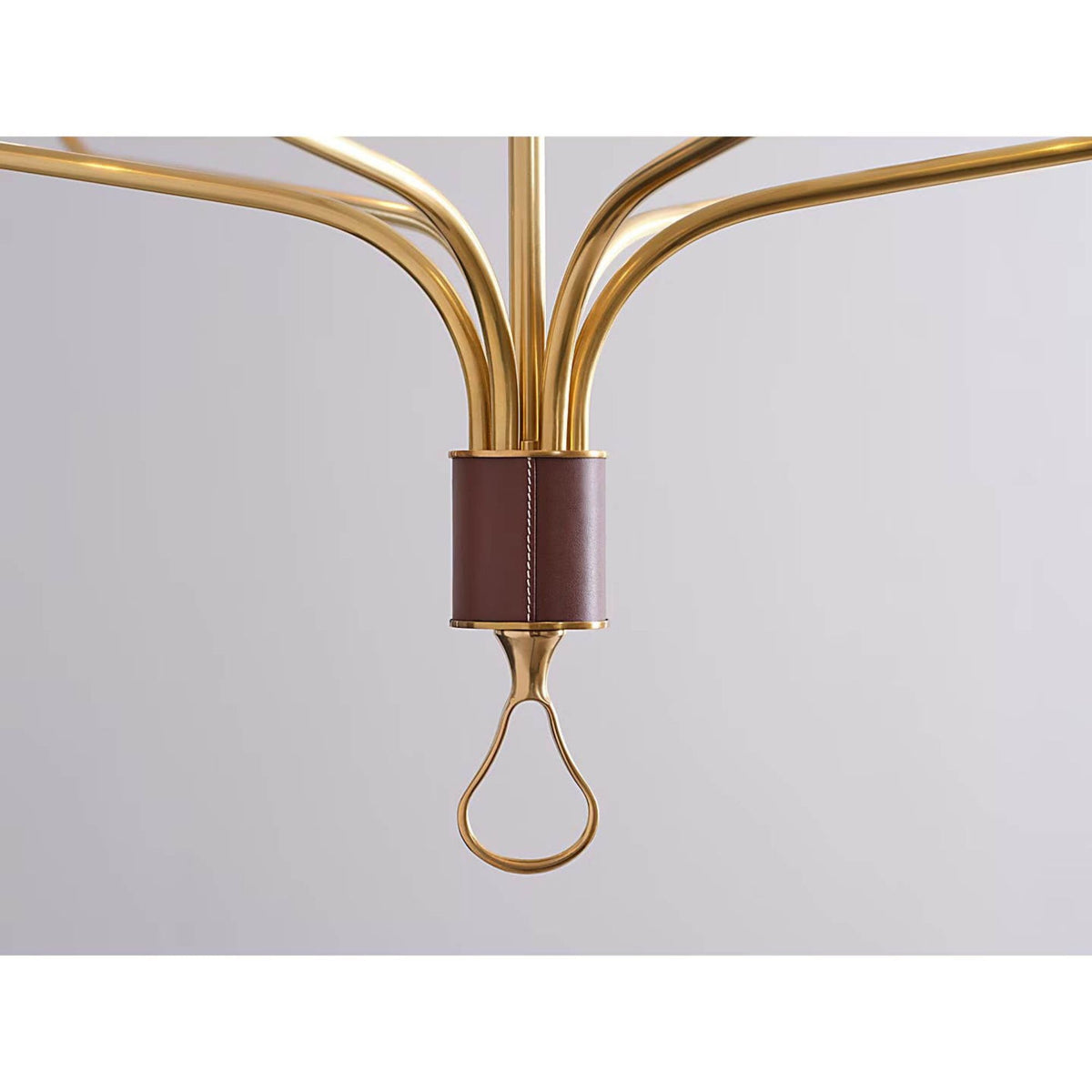 Amber Lewis Griffin Grande Tail Chandelier in Hand-Rubbed Antique Brass and Saddle Leather with Linen Shades W56" x H26.5"