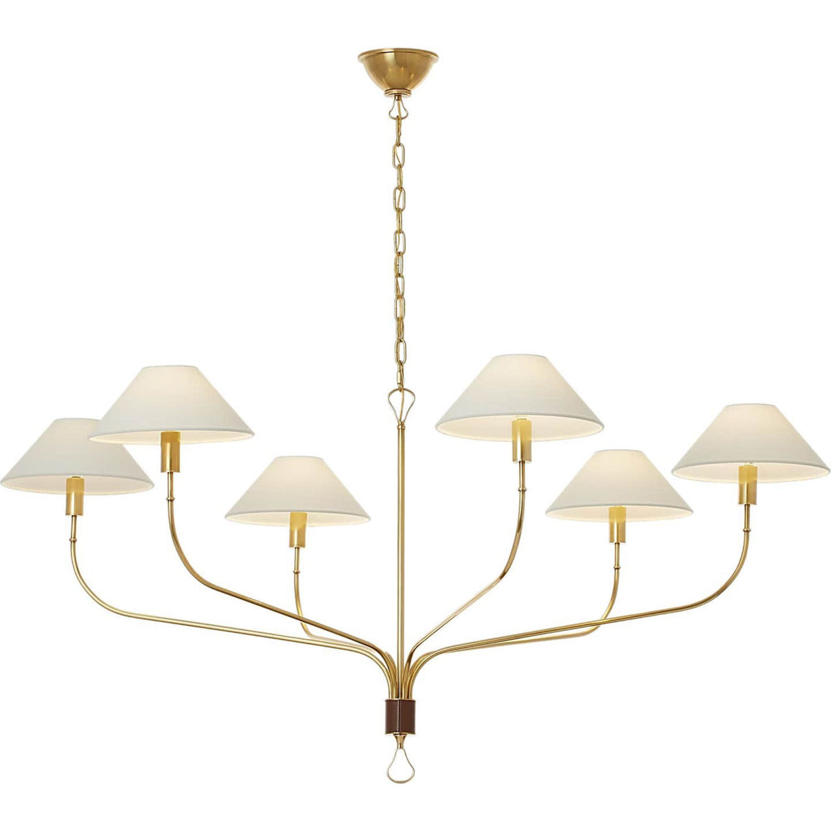 Amber Lewis Griffin Grande Tail Chandelier in Hand-Rubbed Antique Brass and Saddle Leather with Linen Shades W56" x H26.5"
