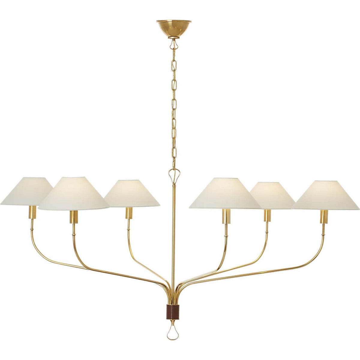 Amber Lewis Griffin Grande Tail Chandelier in Hand-Rubbed Antique Brass and Saddle Leather with Linen Shades W56" x H26.5"
