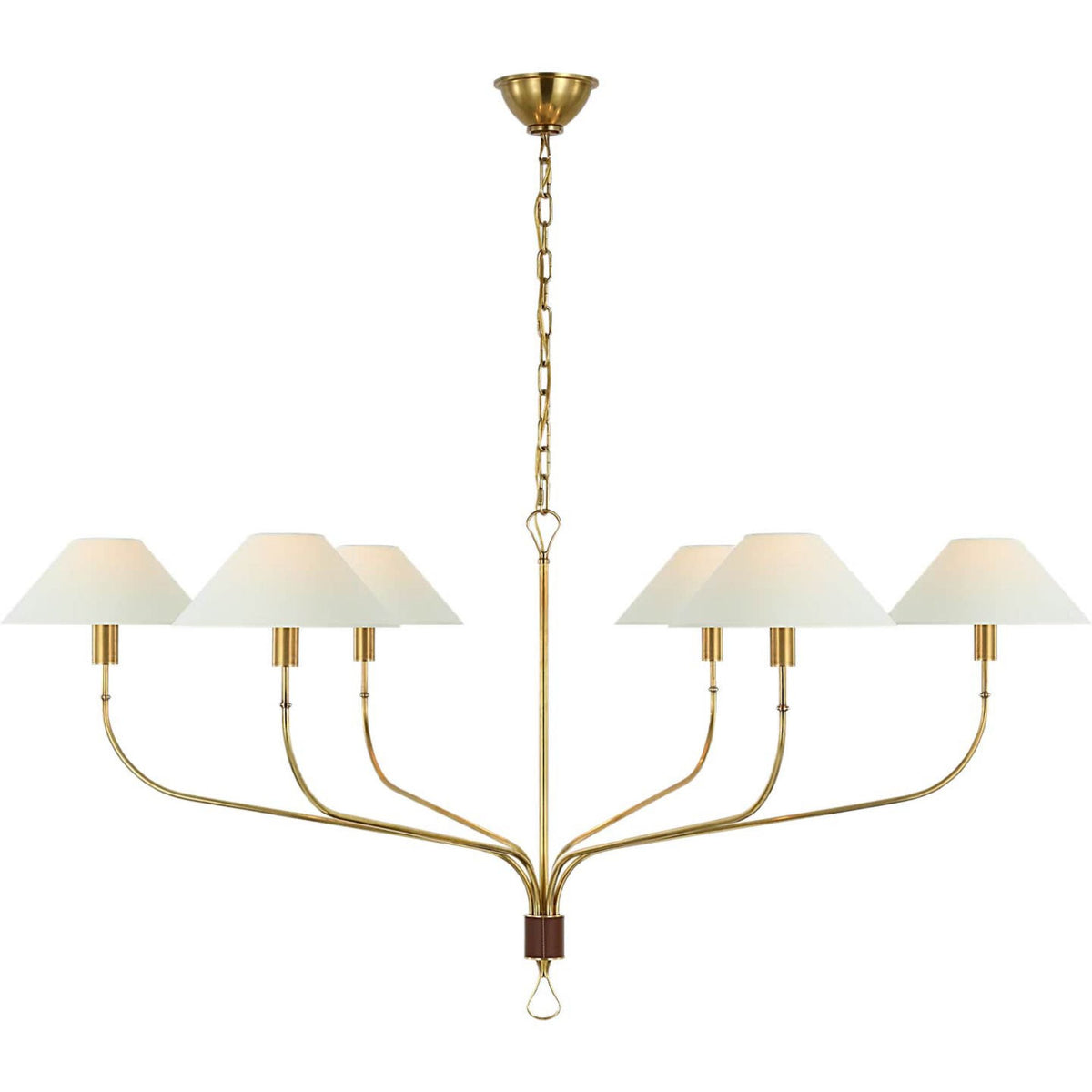 Amber Lewis Griffin Extra Large Tail Chandelier in Hand-Rubbed Antique Brass and Saddle Leather with Linen Shades W42" x H23.5"