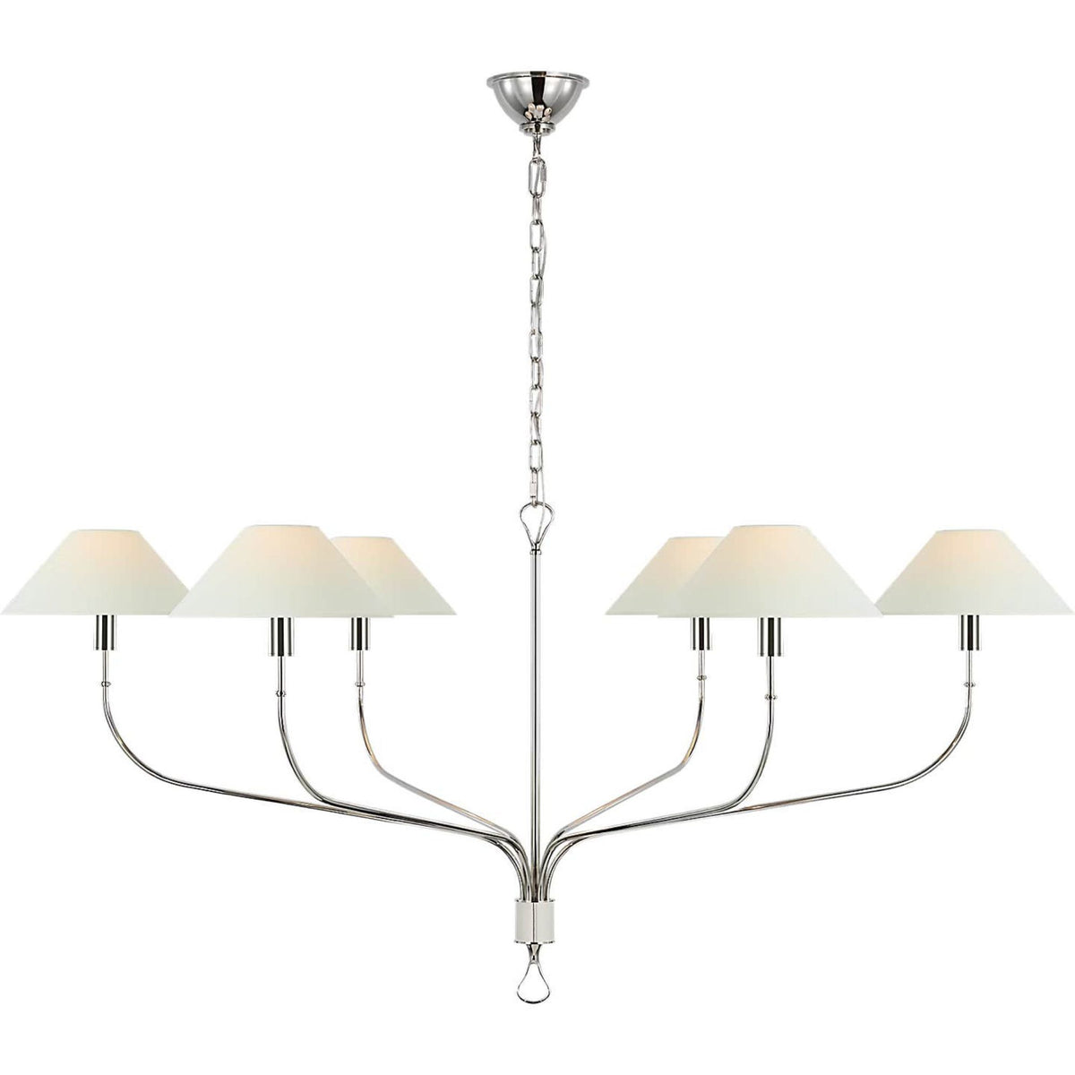 Amber Lewis Griffin Grande Tail Chandelier in Polished Nickel and Parchment Leather with Linen Shades W56" x H26.5"