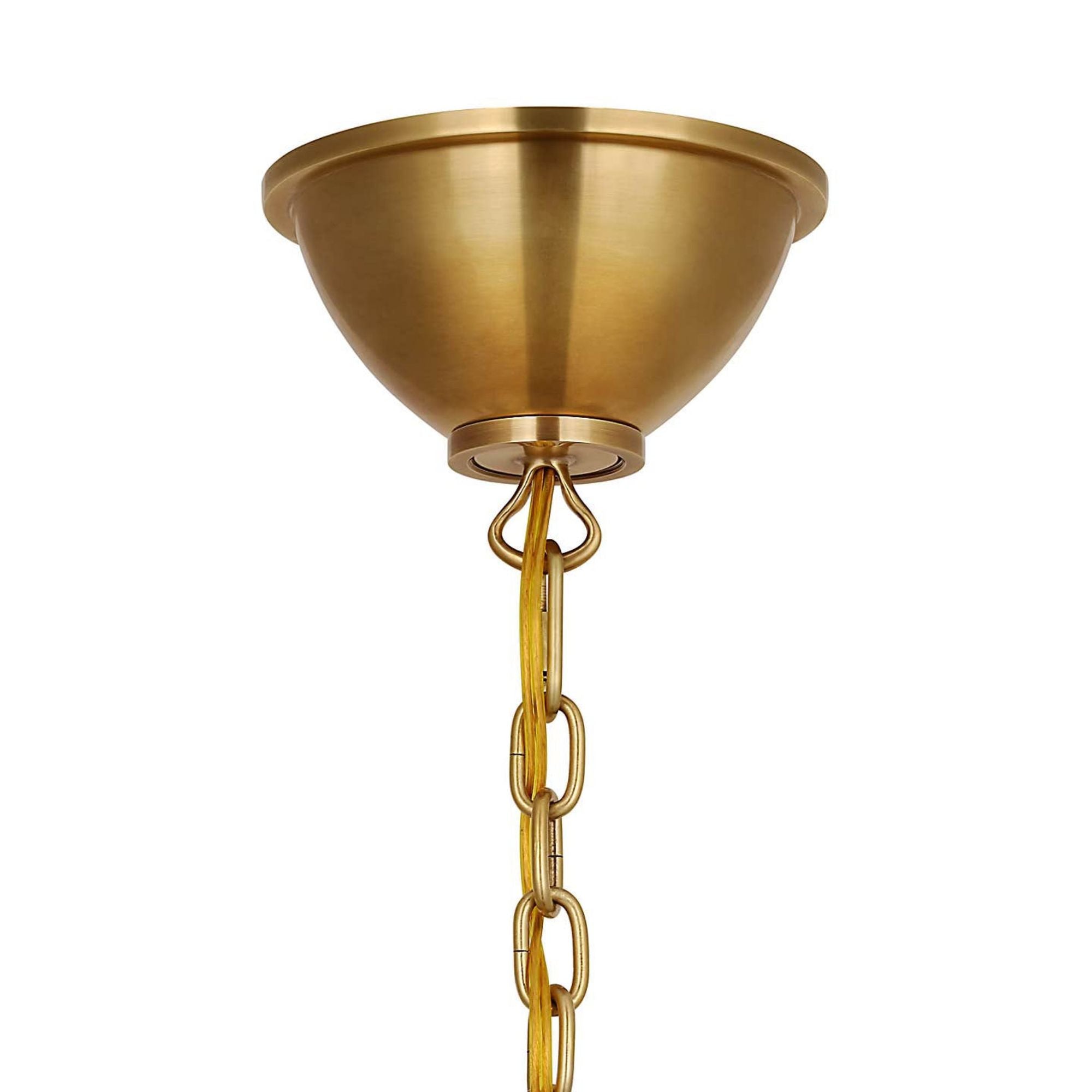 Amber Lewis Griffin 31" Chandelier in Hand-Rubbed Antique Brass and Saddle Leather with Linen Shades W31" x H23.5"