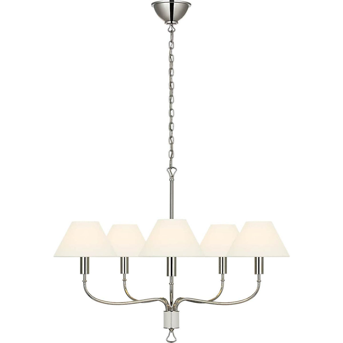 Amber Lewis Griffin 31" Chandelier in Polished Nickel and Parchment Leather with Linen Shades W31" x H23.5"
