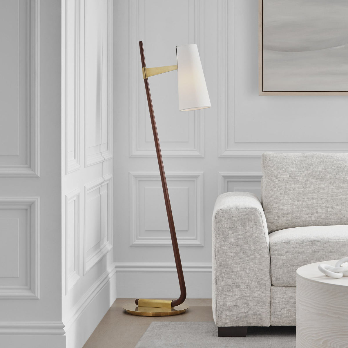 AERIN Katia Floor Lamp in Mahogany and Hand-Rubbed Antique Brass with Linen Shade W14" x H56.75" x E20.5"