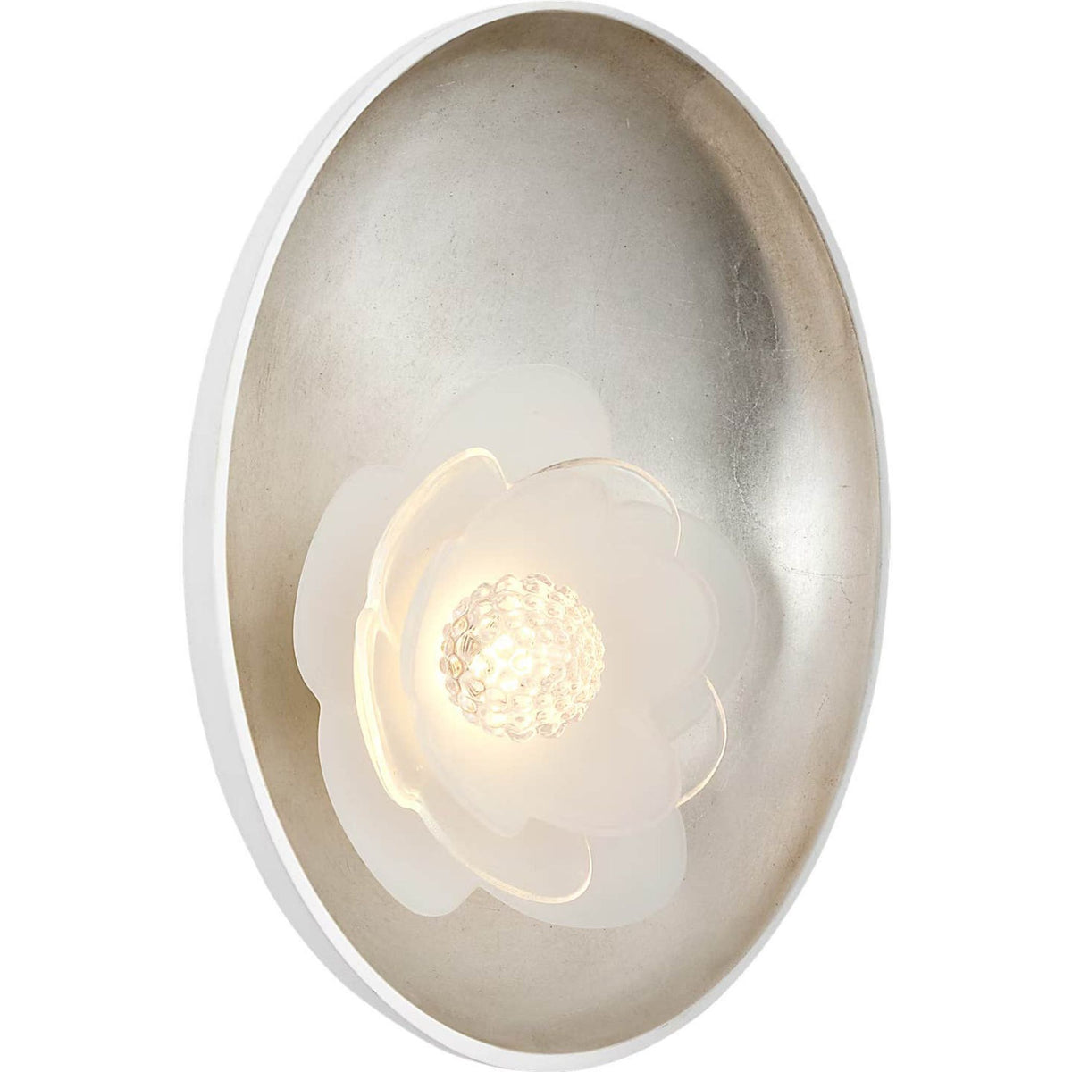 Barbara Barry Petaluma 7" Reflector Sconce in Matte White and Burnished Silver Leaf with Etched and Clear Glass Flower W5.25" x H6.5" x E2.25"