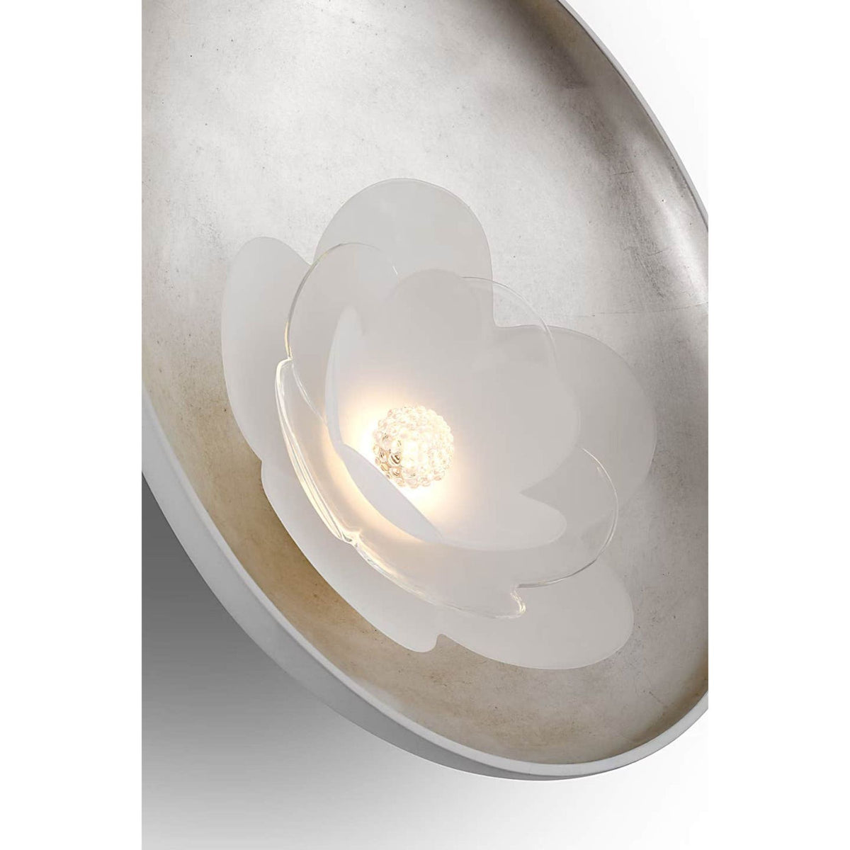 Barbara Barry Petaluma 13" Reflector Sconce in Matte White and Burnished Silver Leaf with Etched and Clear Glass Flower W10.25" x H13" x E3.25"