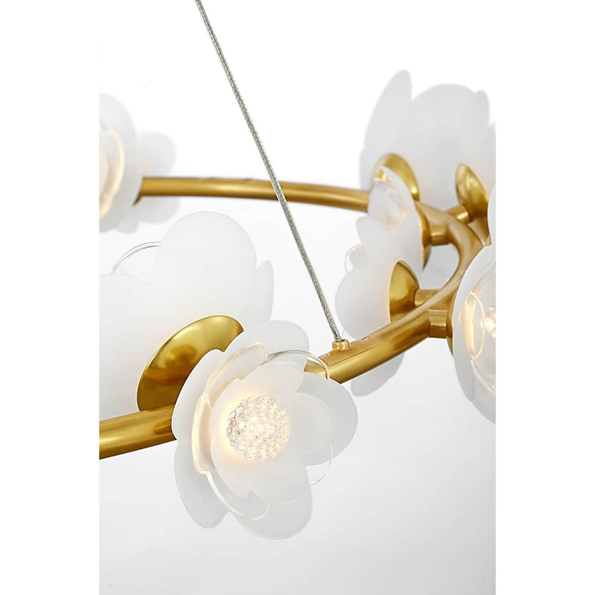 Barbara Barry Petaluma 35" Ring Chandelier in Soft Lacquered Brass with Etched and Clear Glass Flowers W34.5"
