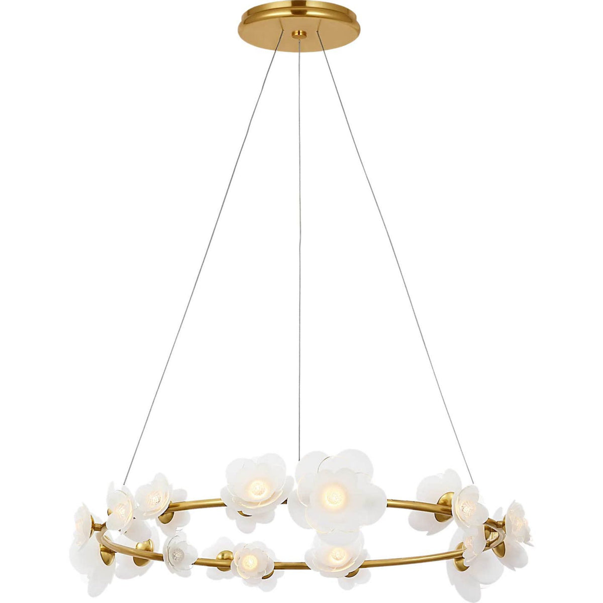 Barbara Barry Petaluma 35" Ring Chandelier in Soft Lacquered Brass with Etched and Clear Glass Flowers W34.5"