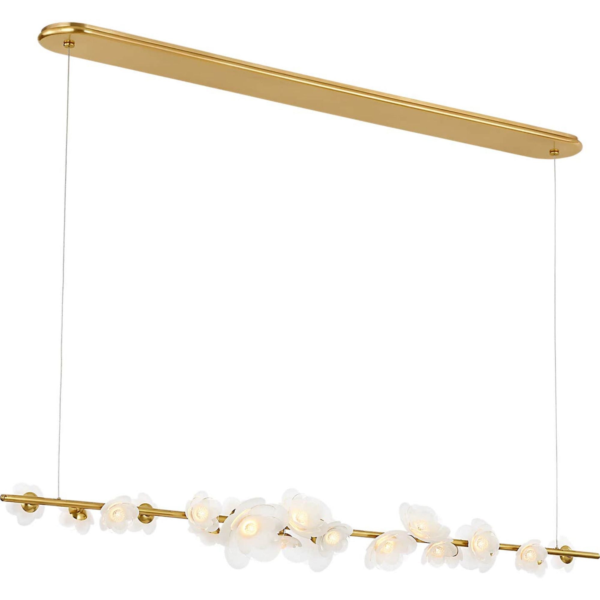 Barbara Barry Petaluma 63" Linear Chandelier in Soft Lacquered Brass with Etched and Clear Glass Flowers W6.75" x 63"