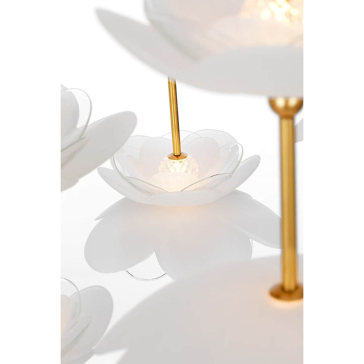 Barbara Barry Petaluma 28" Cascading Chandelier in Soft Lacquered Brass with Etched and Clear Glass Flowers W32"