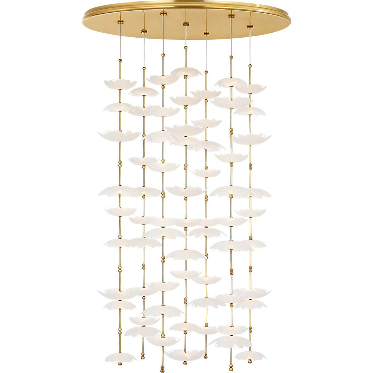Barbara Barry Petaluma 28" Cascading Chandelier in Soft Lacquered Brass with Etched and Clear Glass Flowers W32"