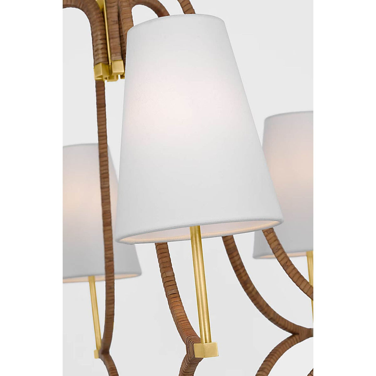 Chapman & Myers Biscayne Large Wrapped Chandelier in Antique-Burnished Brass and Natural Rattan with Linen Shades W30.25" x H27.5"