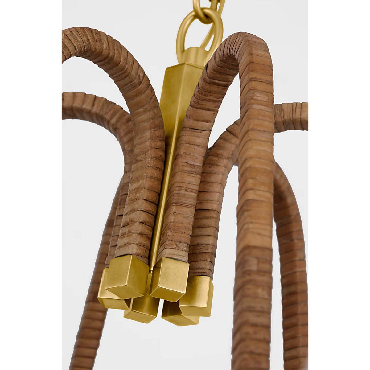 Chapman & Myers Biscayne Large Wrapped Chandelier in Antique-Burnished Brass and Natural Rattan with Linen Shades W30.25" x H27.5"